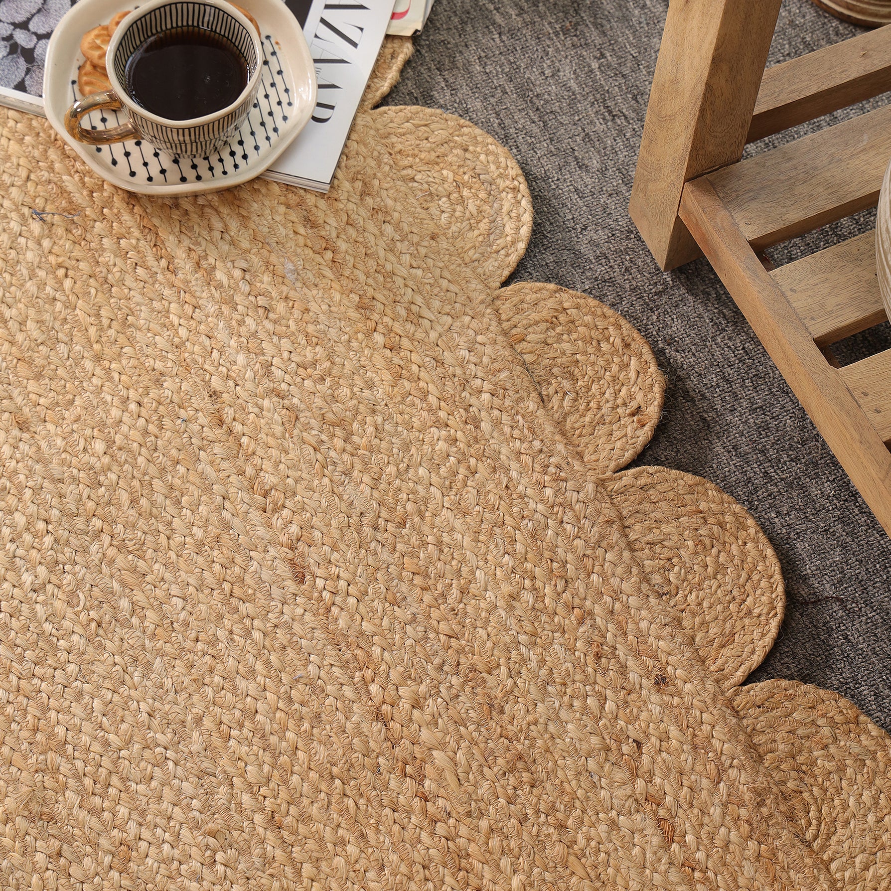 Handwoven Natural Jute Scalloped Rug Braided Boho Area Rug