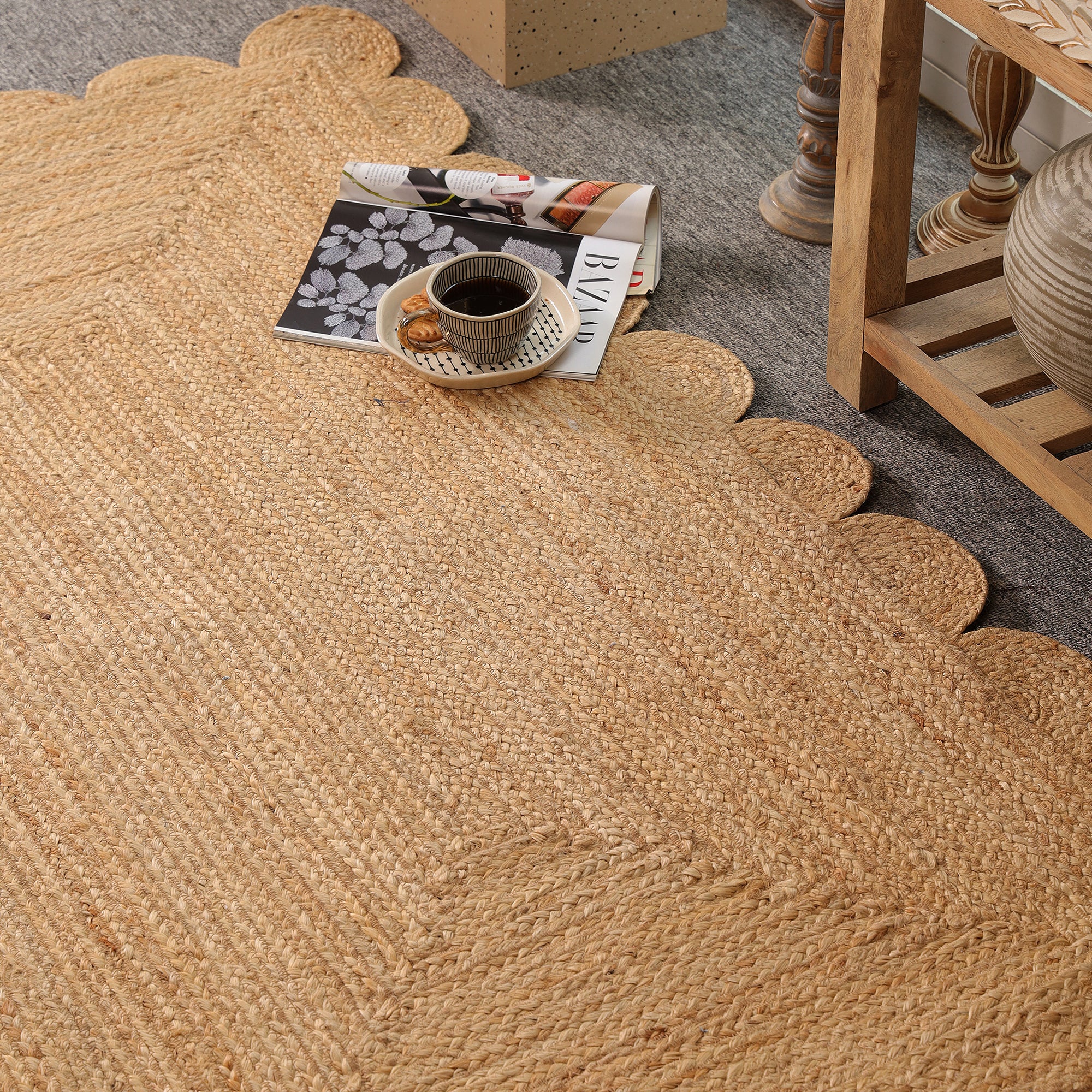 Handwoven Natural Jute Scalloped Rug Braided Boho Area Rug