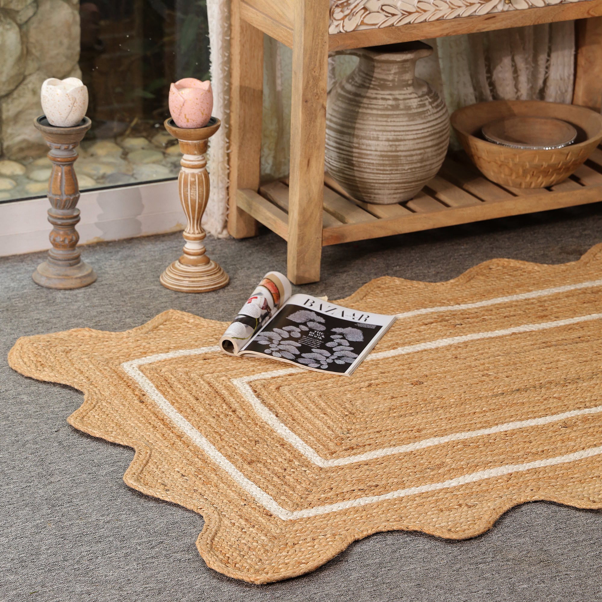 Natural Handwoven Sacalloped Jute Rug Eco-Friendly Braided Area Rug For Living