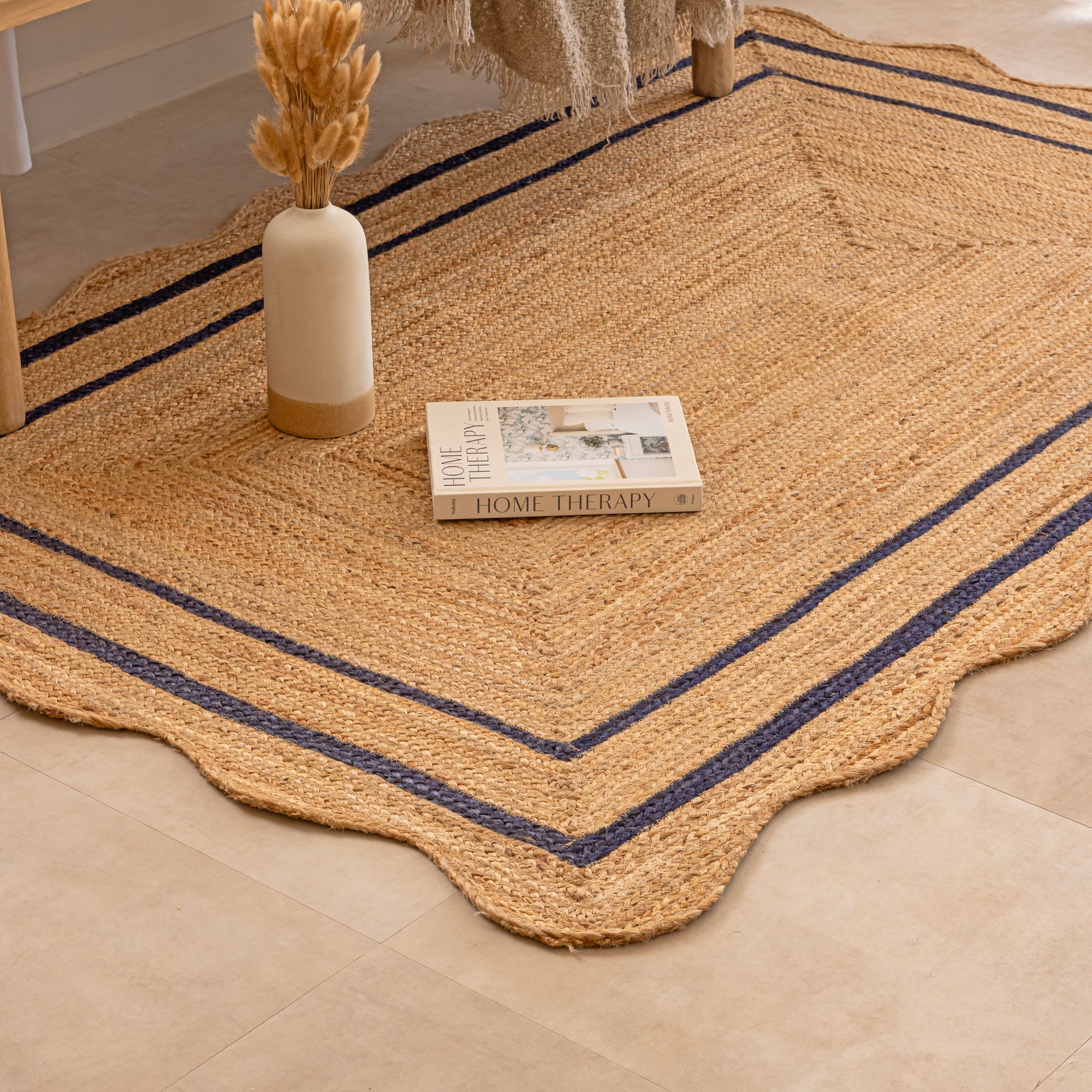 Handwoven Natural Jute Area Rug with Navy Blue Double Striped Border