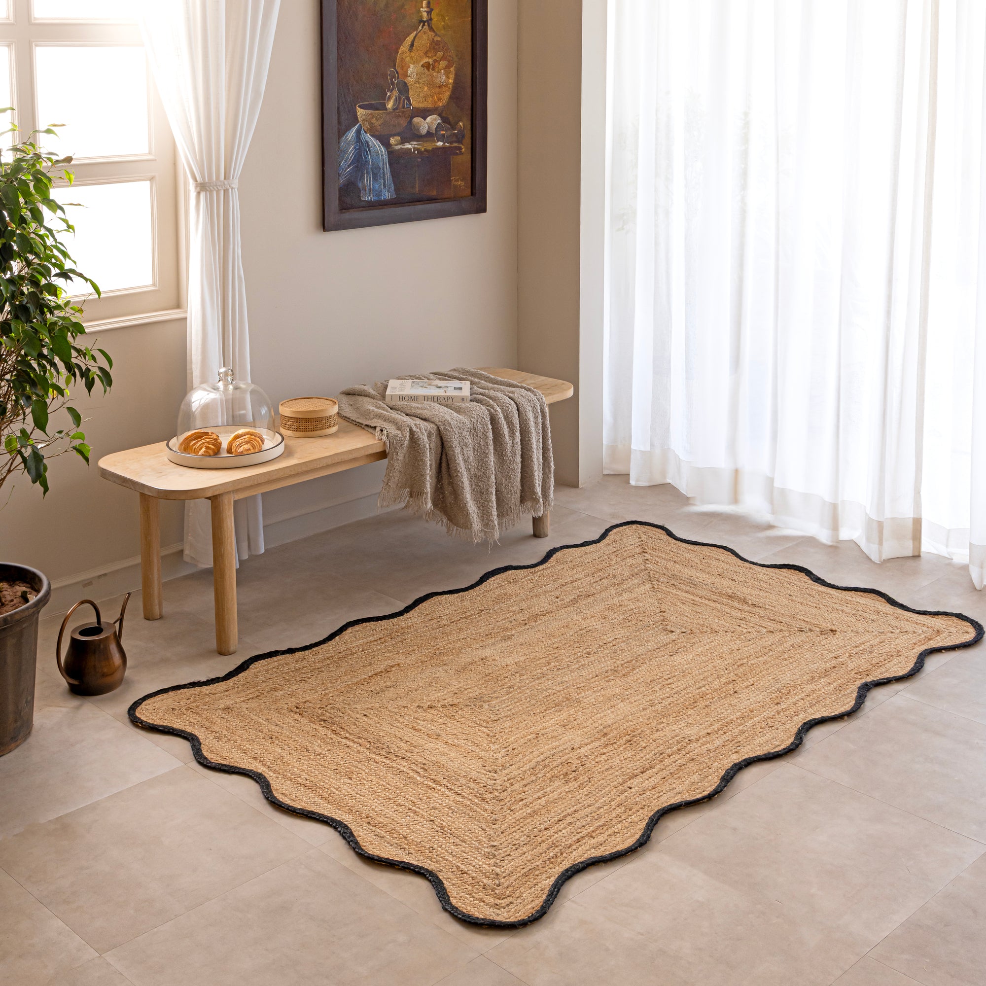 Handwoven Natural Jute Area Rug with Black Scalloped Border - Boho Scalloped Edge Braided