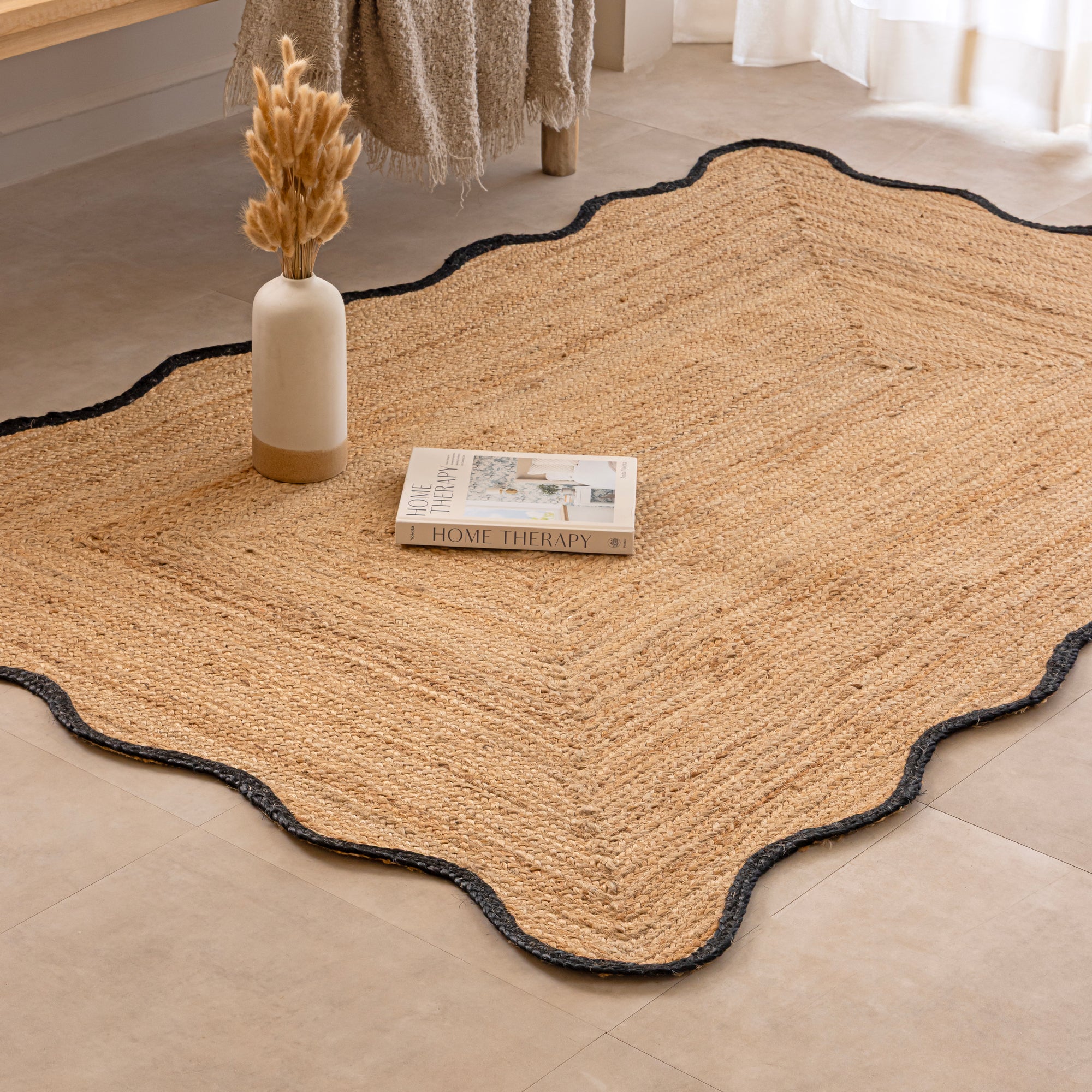 Handwoven Natural Jute Area Rug with Black Scalloped Border - Boho Scalloped Edge Braided