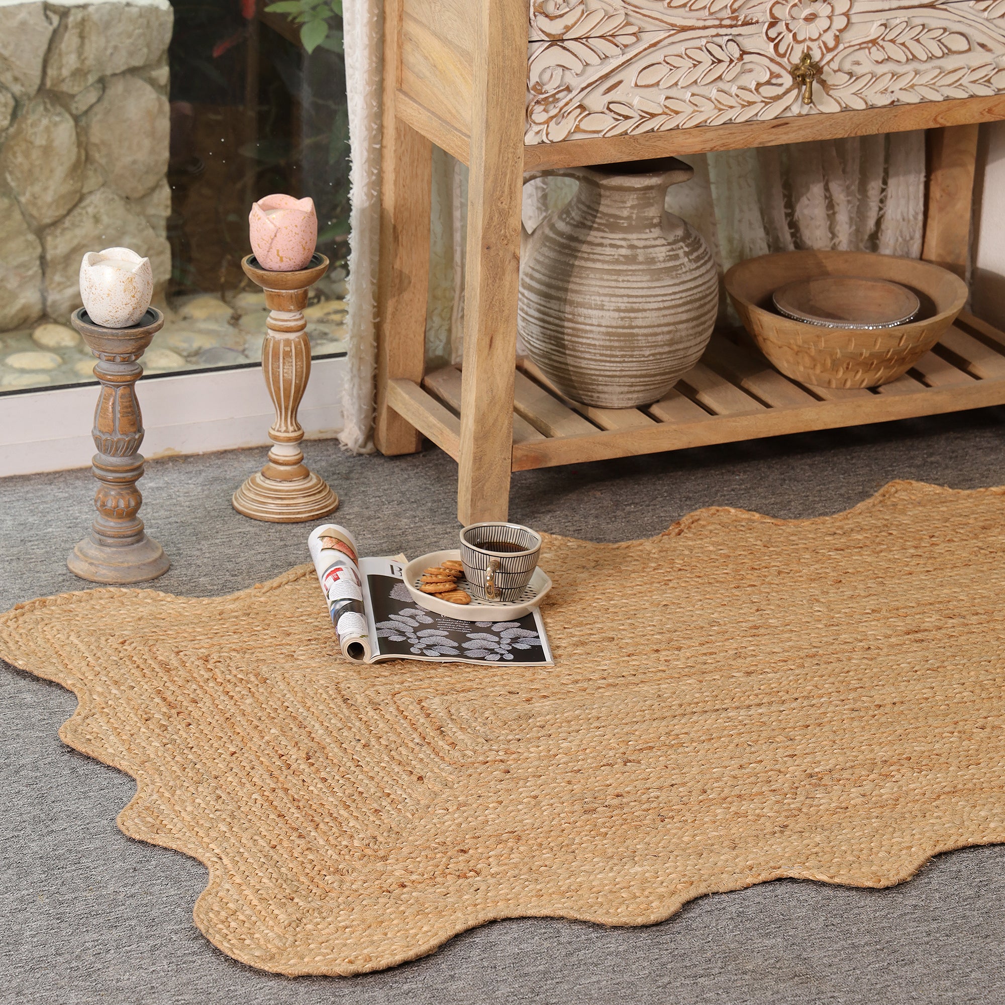 Natural Handwoven Scalloped Jute Rug Handmade Eco-Friendly Braided Area Rug
