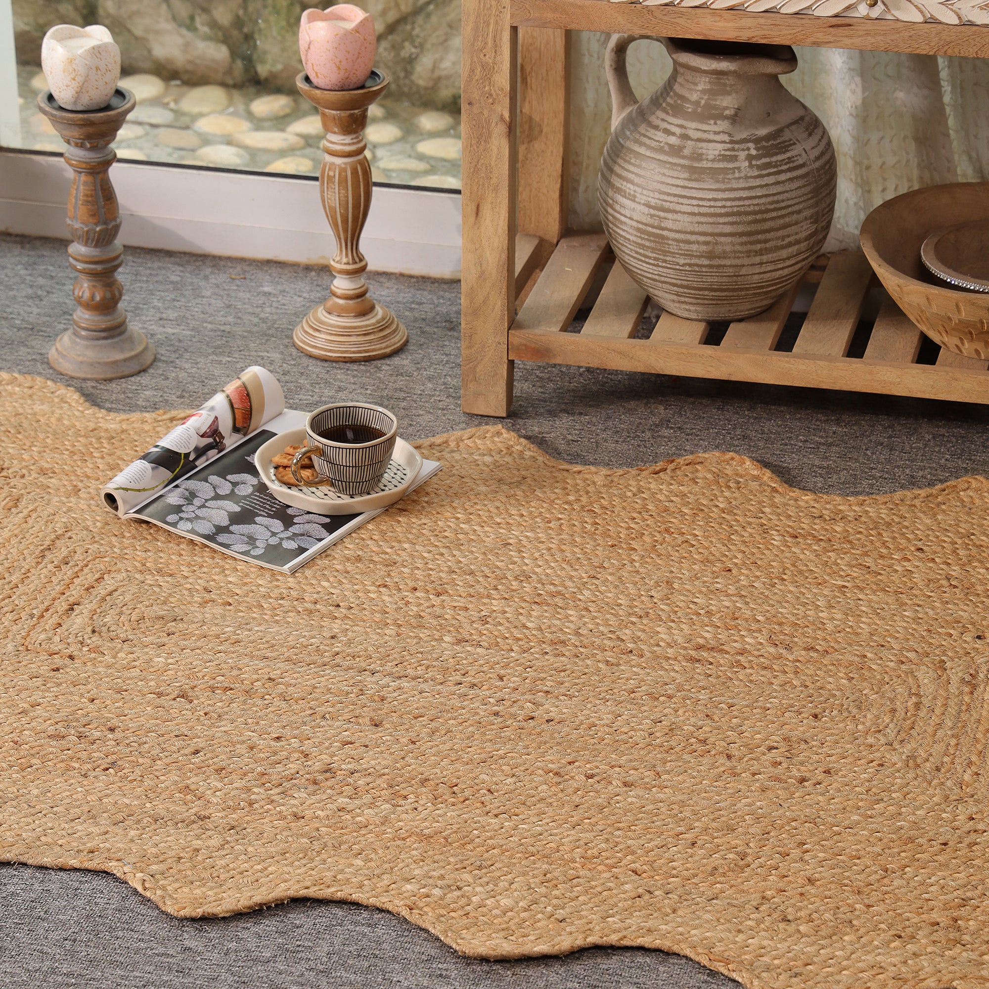 Natural Handwoven Scalloped Jute Rug Handmade Eco-Friendly Braided Area Rug