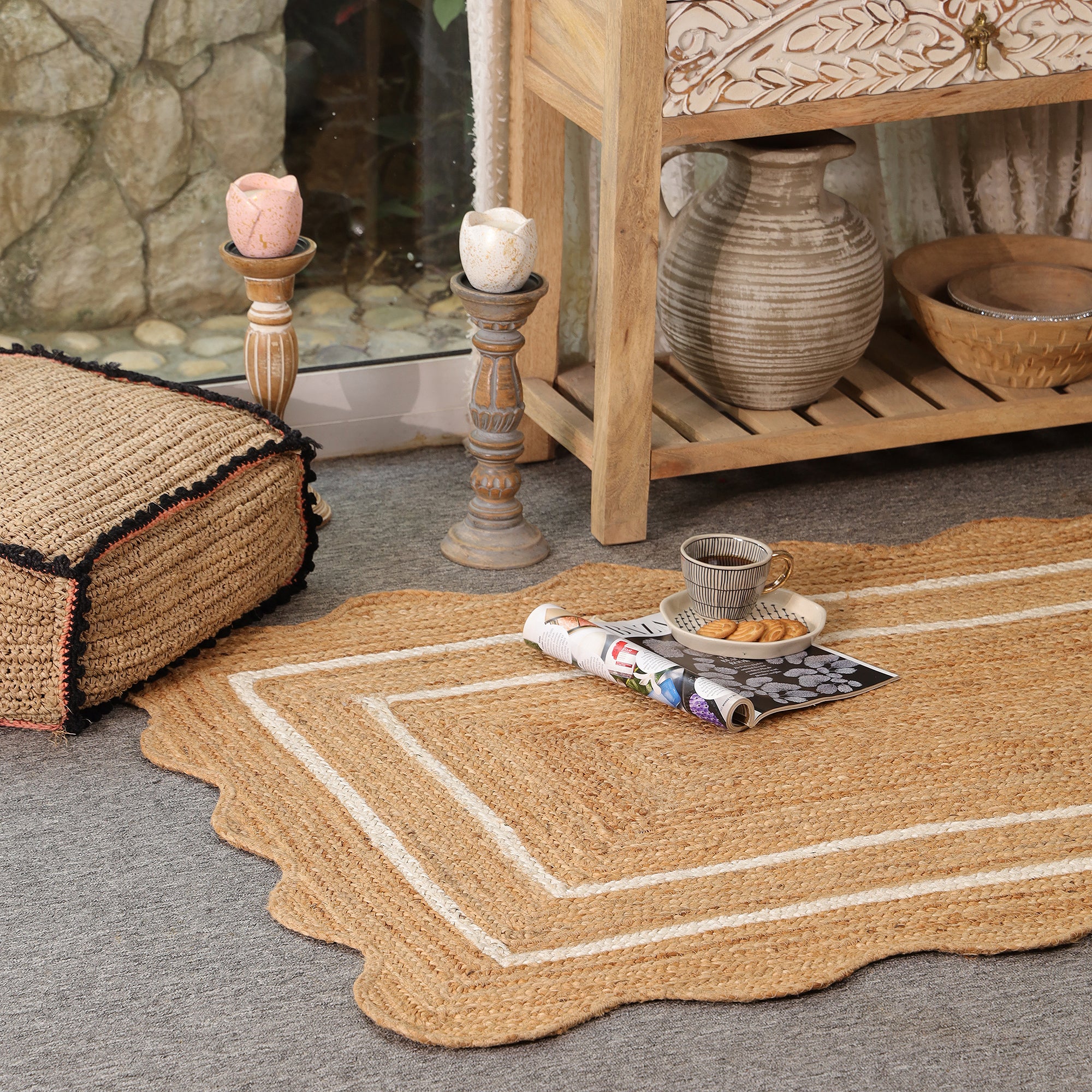 Handwoven Scalloped Jute Rug with White Border | Natural Braided Area Rug | Eco-Friendly Handmade Rug