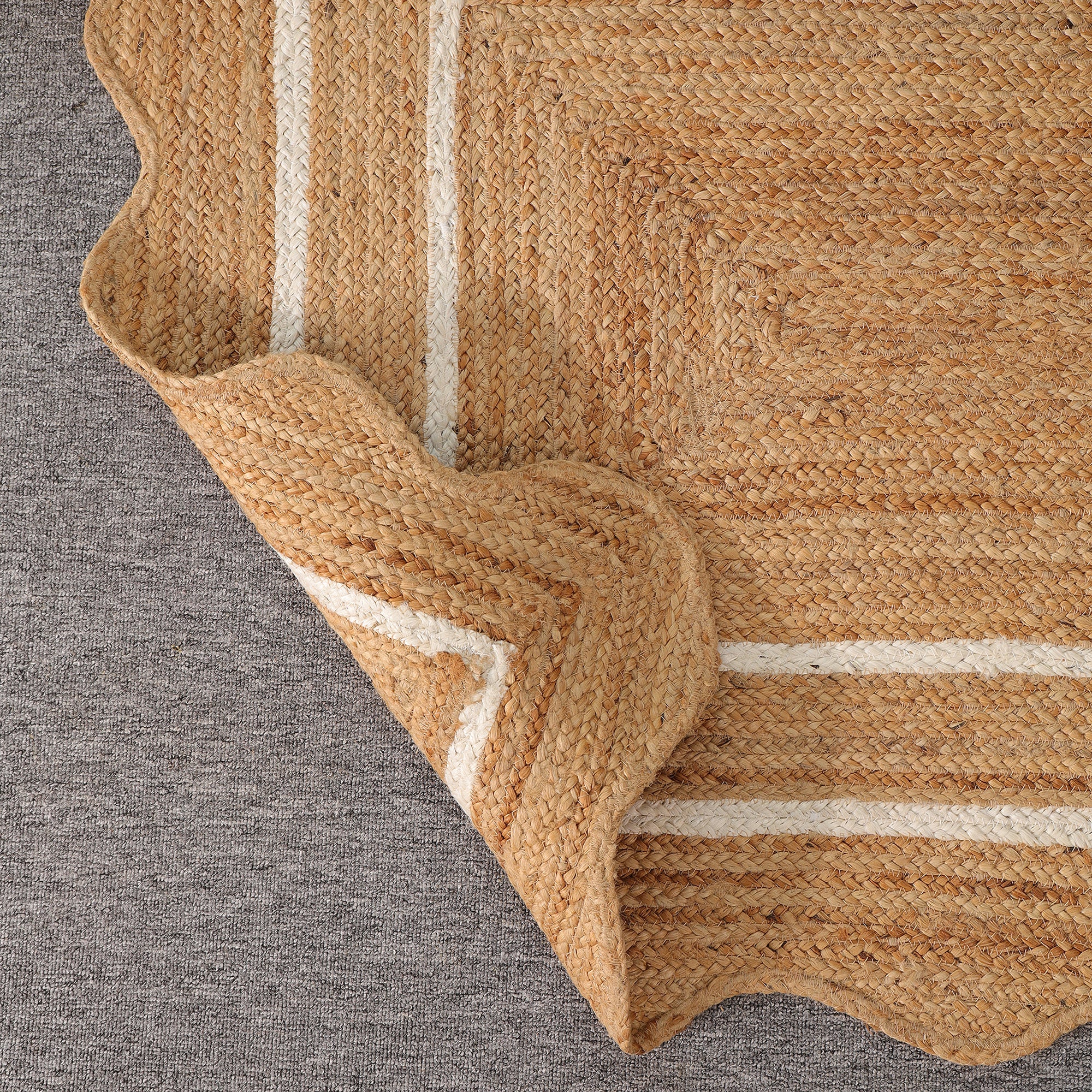 Handwoven Scalloped Jute Rug with White Border | Natural Braided Area Rug | Eco-Friendly Handmade Rug