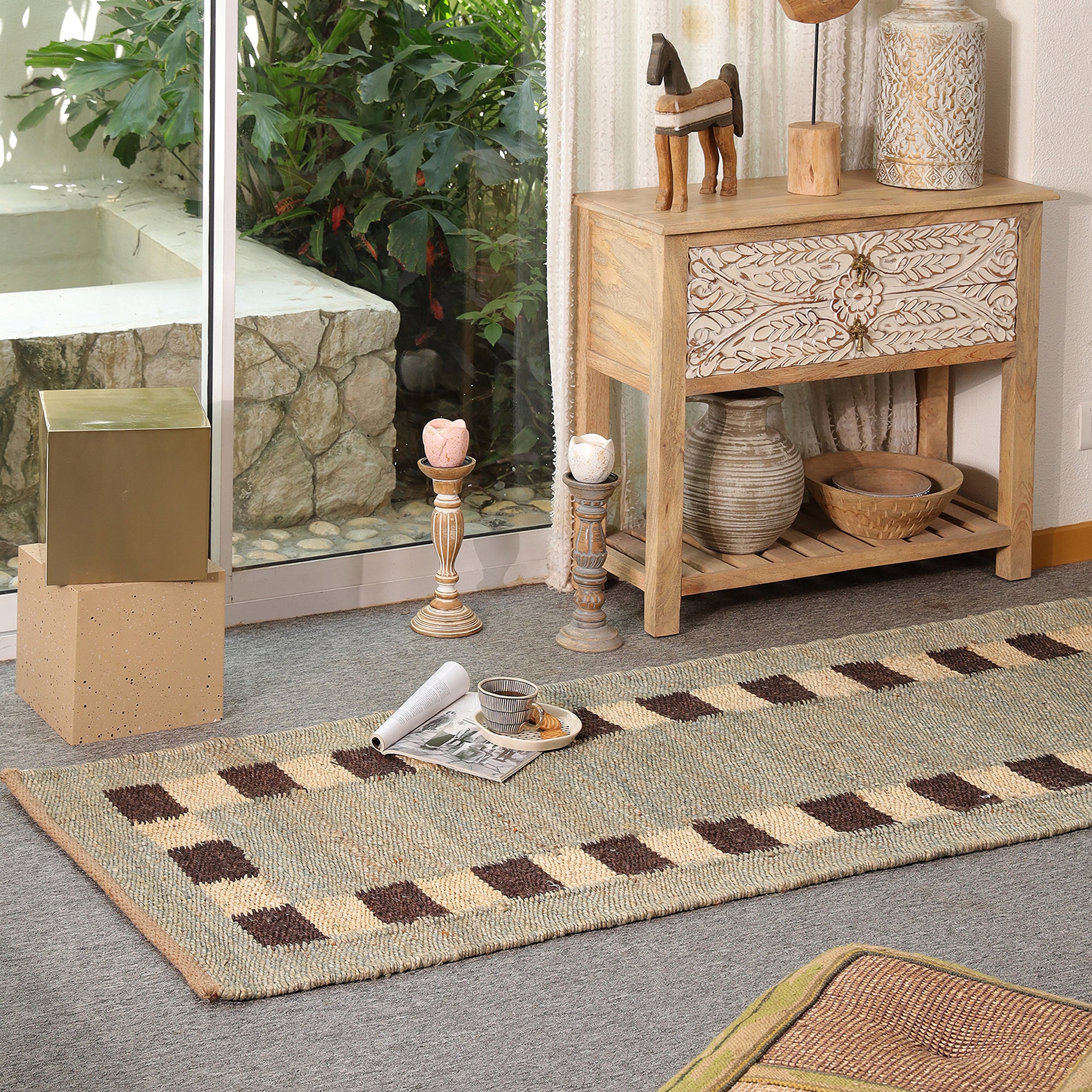 Handmade Natural Jute Runner Rug Modern Checkered Border Hallway Rug