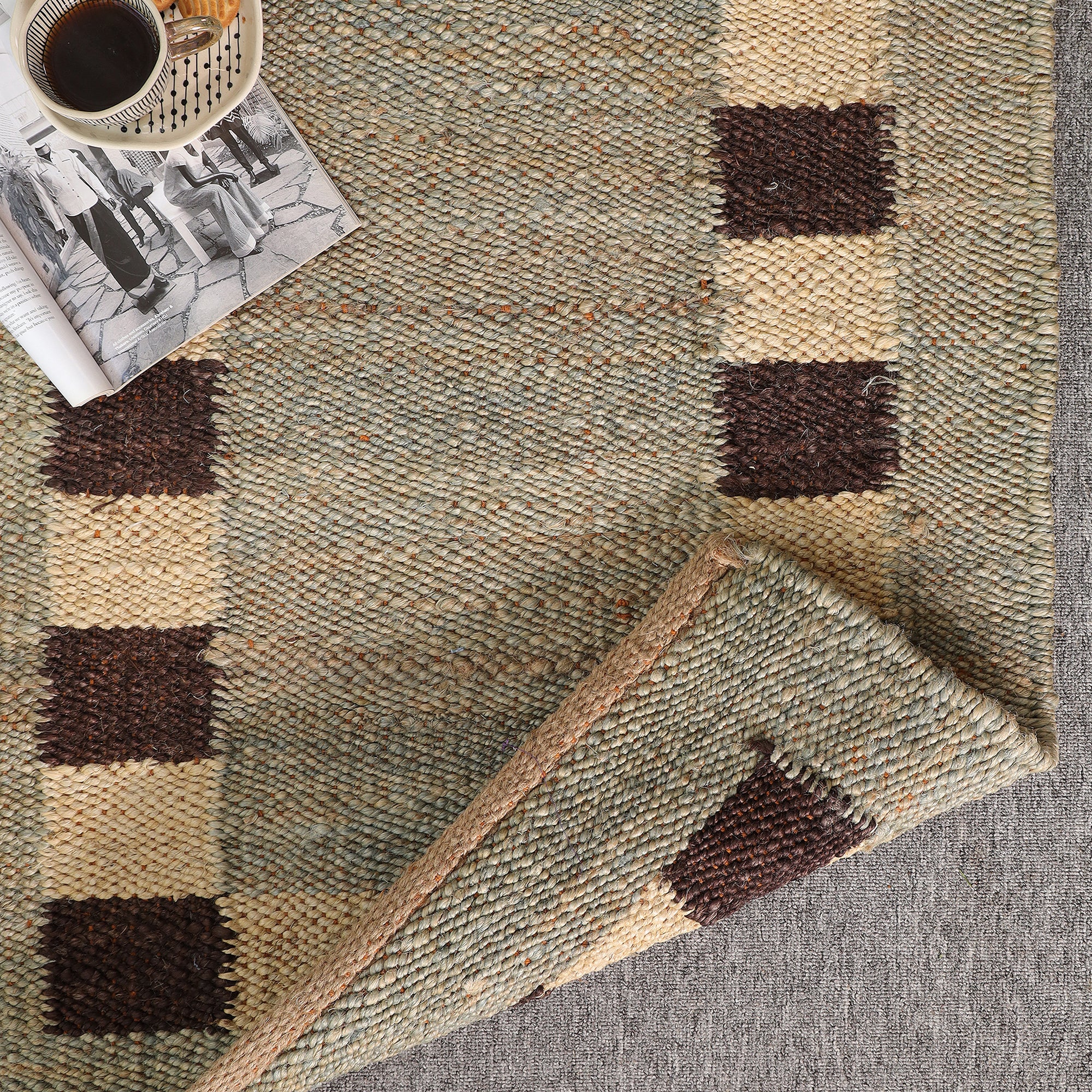 Handmade Natural Jute Runner Rug Modern Checkered Border Hallway Rug