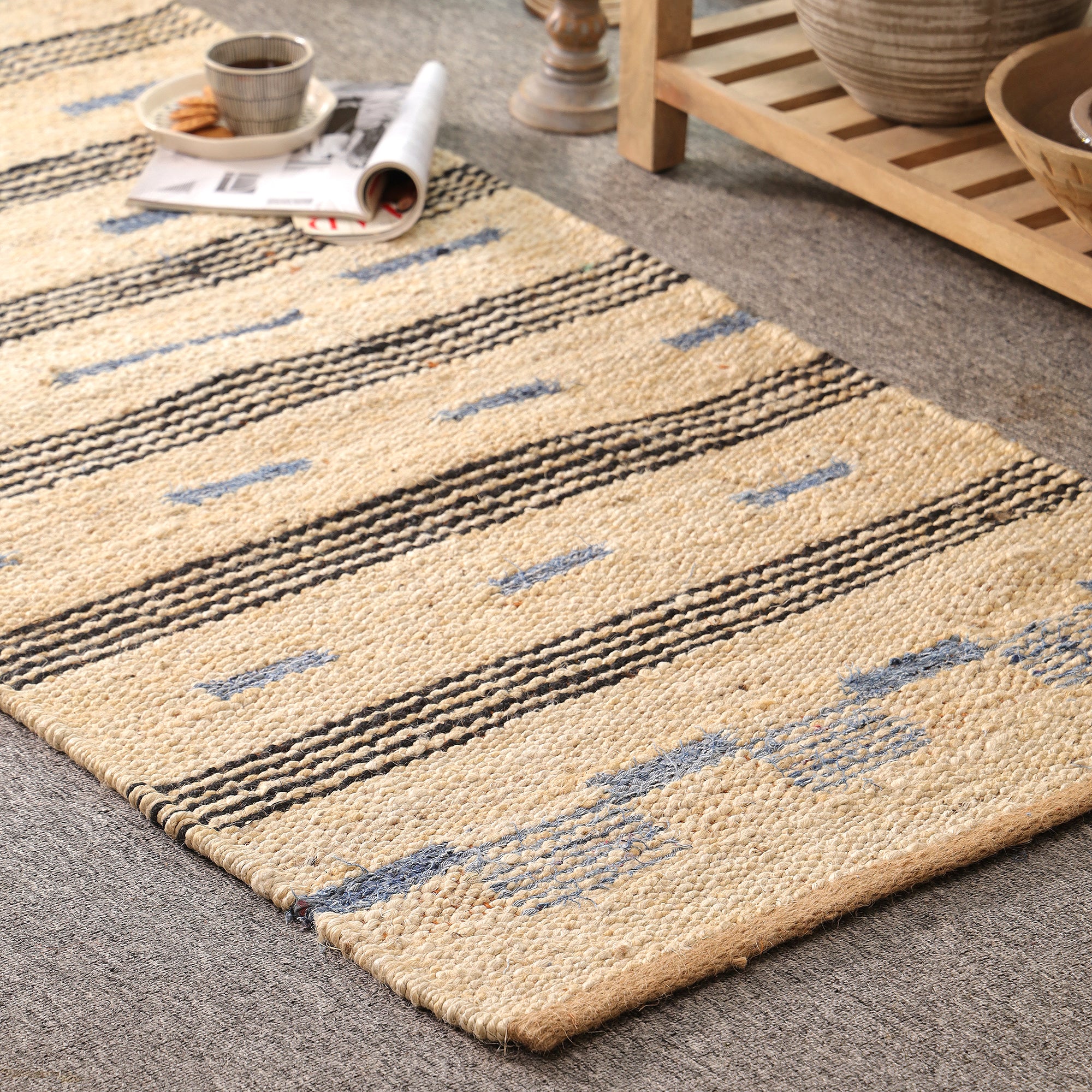 Handwoven Natural Jute Rug – Ivory & Blue Striped Area Rug | Eco-Friendly Boho Farmhouse Carpet | RugzCraft