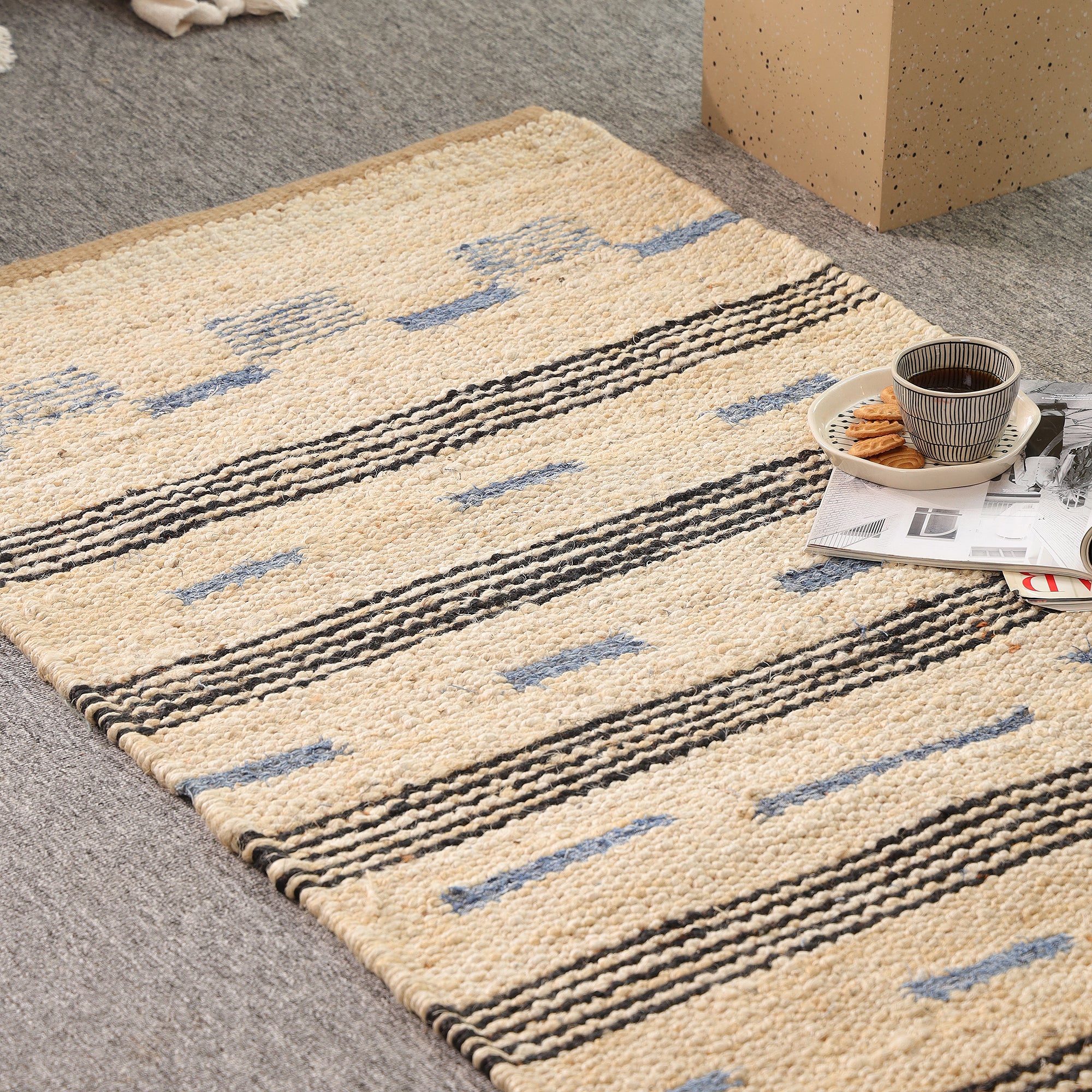 Handwoven Natural Jute Rug – Ivory & Blue Striped Area Rug | Eco-Friendly Boho Farmhouse Carpet | RugzCraft