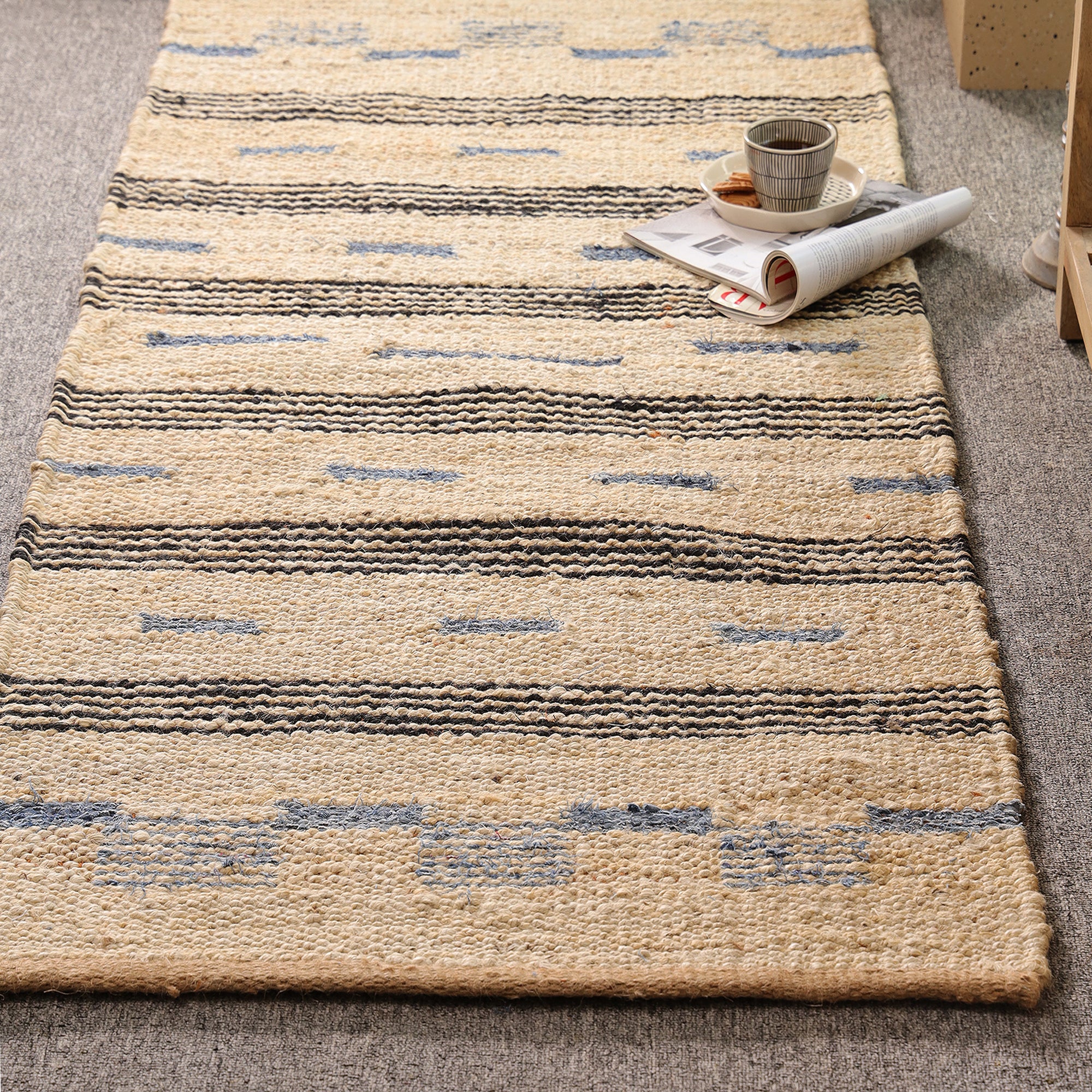 Handwoven Natural Jute Rug – Ivory & Blue Striped Area Rug | Eco-Friendly Boho Farmhouse Carpet | RugzCraft