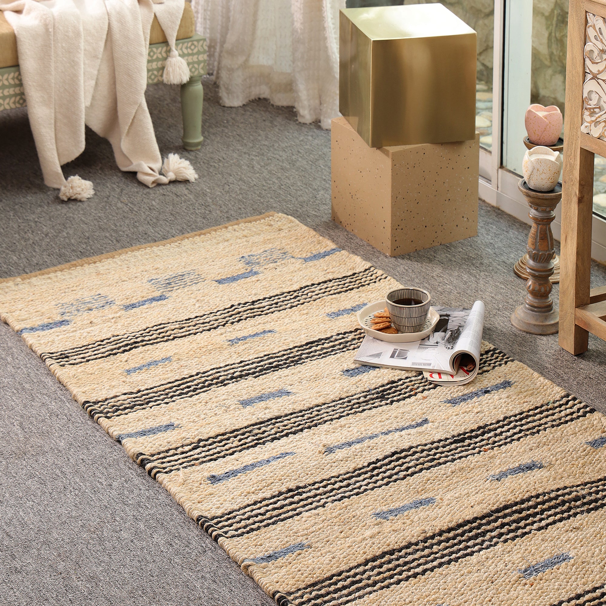 Handwoven Natural Jute Rug – Ivory & Blue Striped Area Rug | Eco-Friendly Boho Farmhouse Carpet | RugzCraft