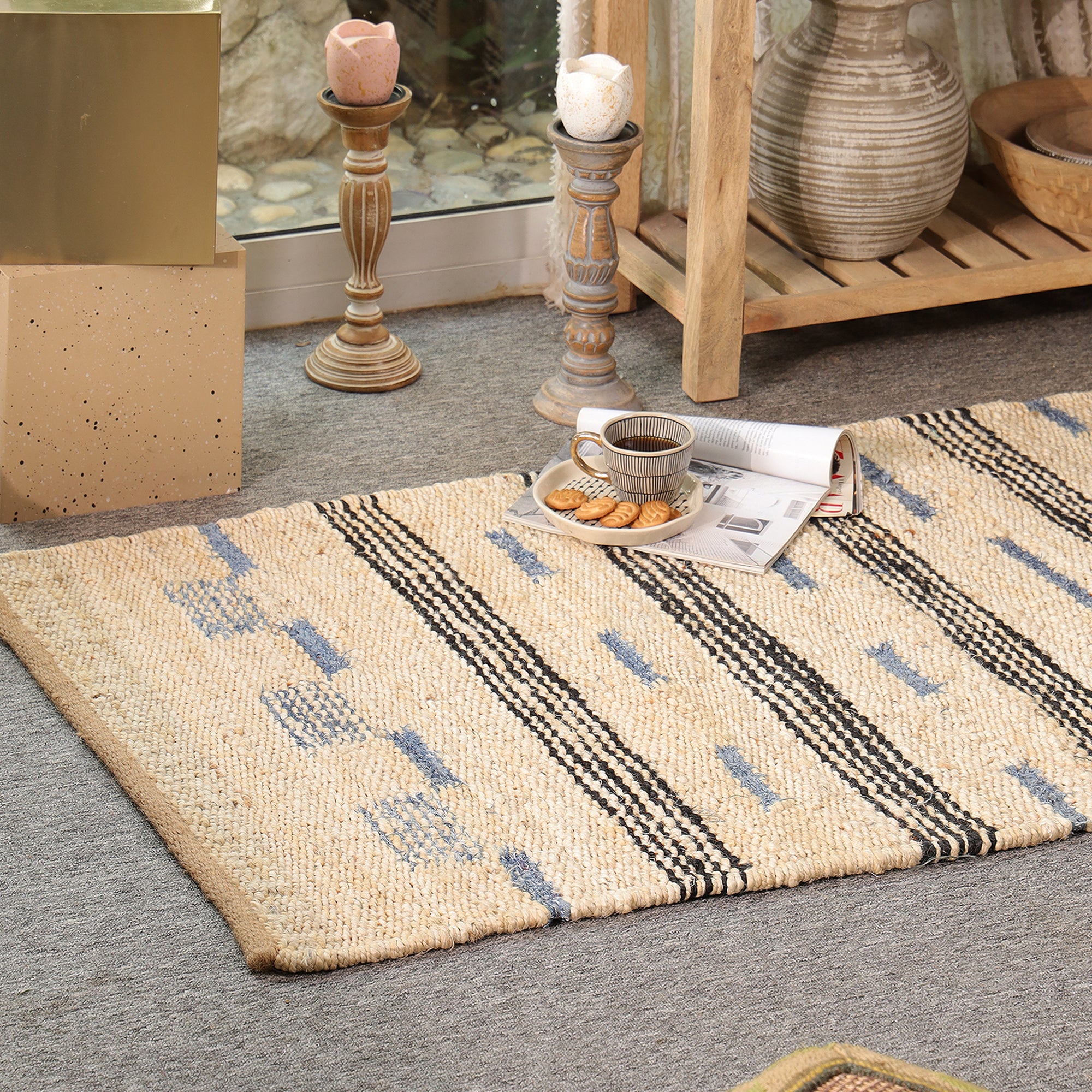 Handwoven Natural Jute Rug – Ivory & Blue Striped Area Rug | Eco-Friendly Boho Farmhouse Carpet | RugzCraft