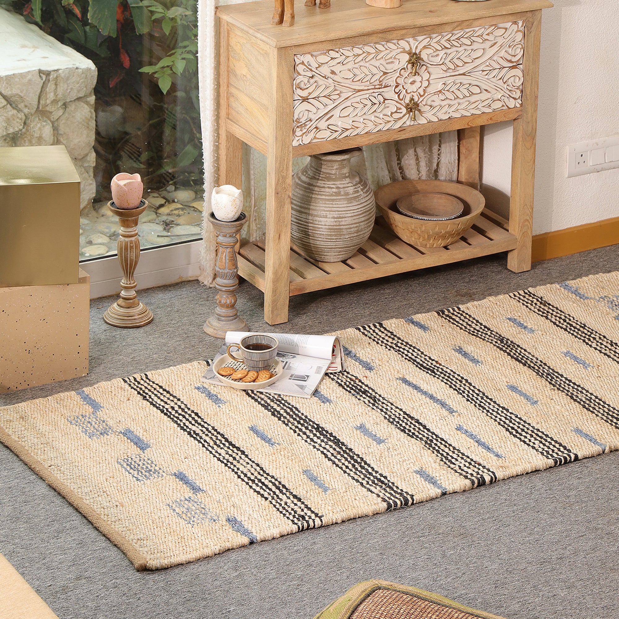 Handwoven Natural Jute Rug – Ivory & Blue Striped Area Rug | Eco-Friendly Boho Farmhouse Carpet | RugzCraft