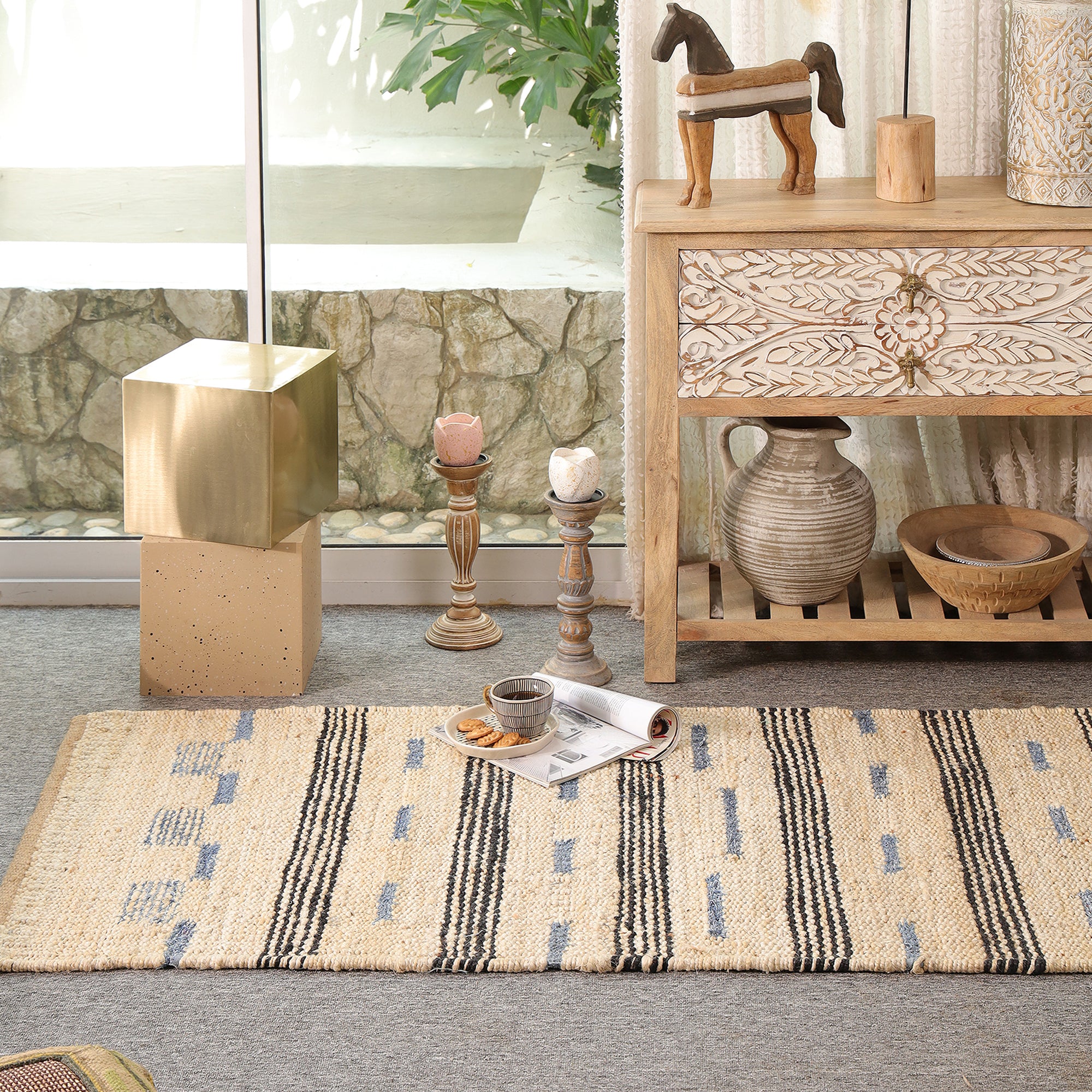 Handwoven Natural Jute Rug – Ivory & Blue Striped Area Rug | Eco-Friendly Boho Farmhouse Carpet | RugzCraft