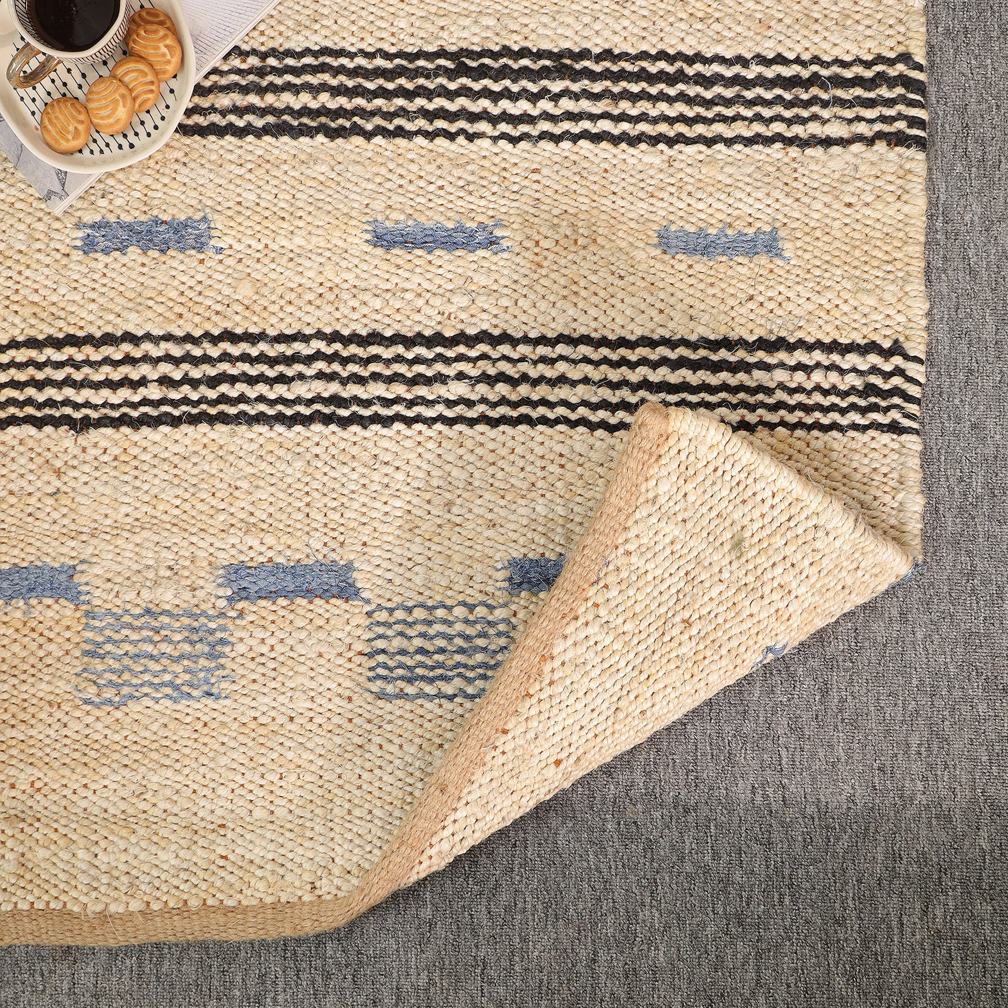 Handwoven Natural Jute Rug – Ivory & Blue Striped Area Rug | Eco-Friendly Boho Farmhouse Carpet | RugzCraft