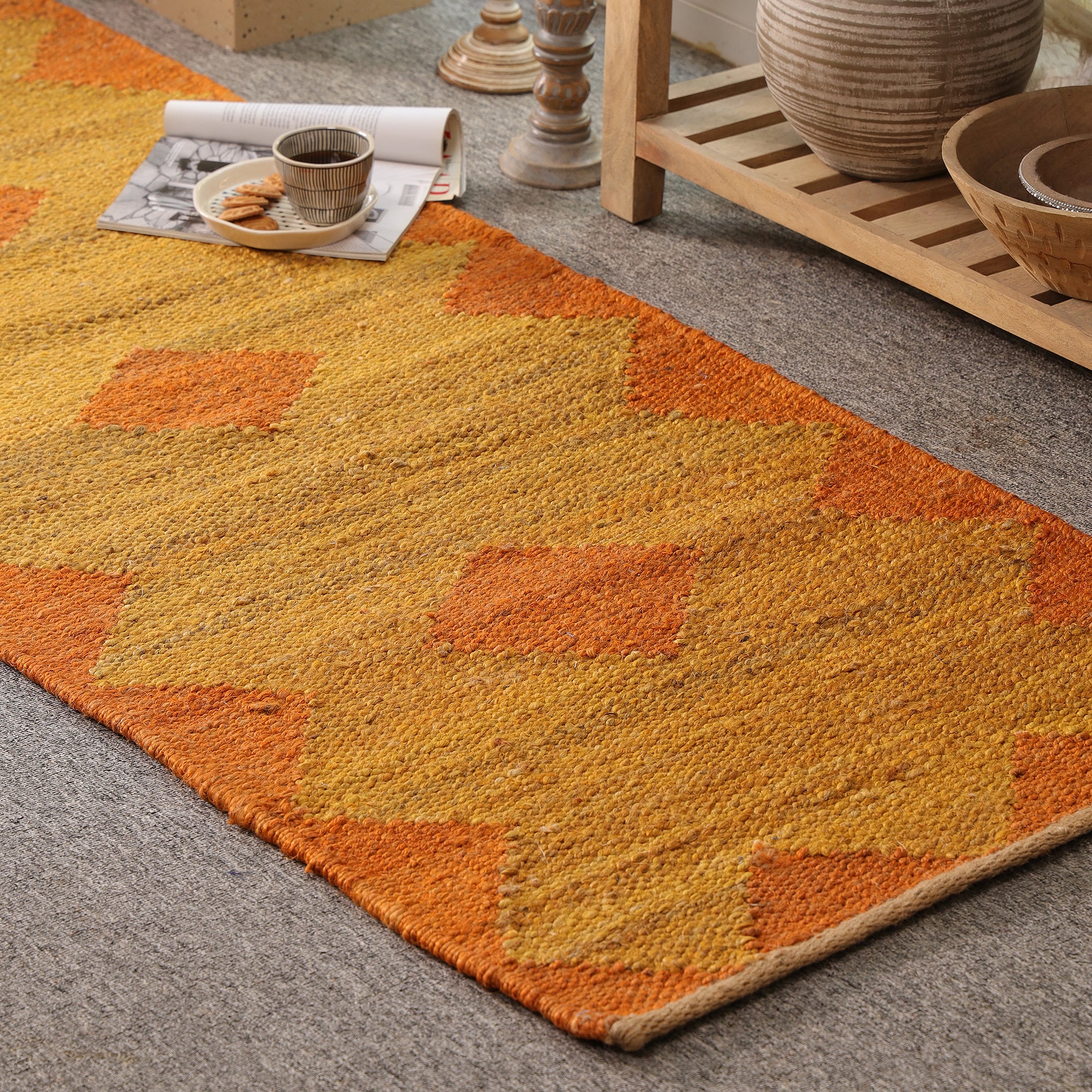 Handwoven Jute Area Rug – Mustard & Orange Geometric Pattern | Eco-Friendly Boho Living Room Carpet | RugzCraft