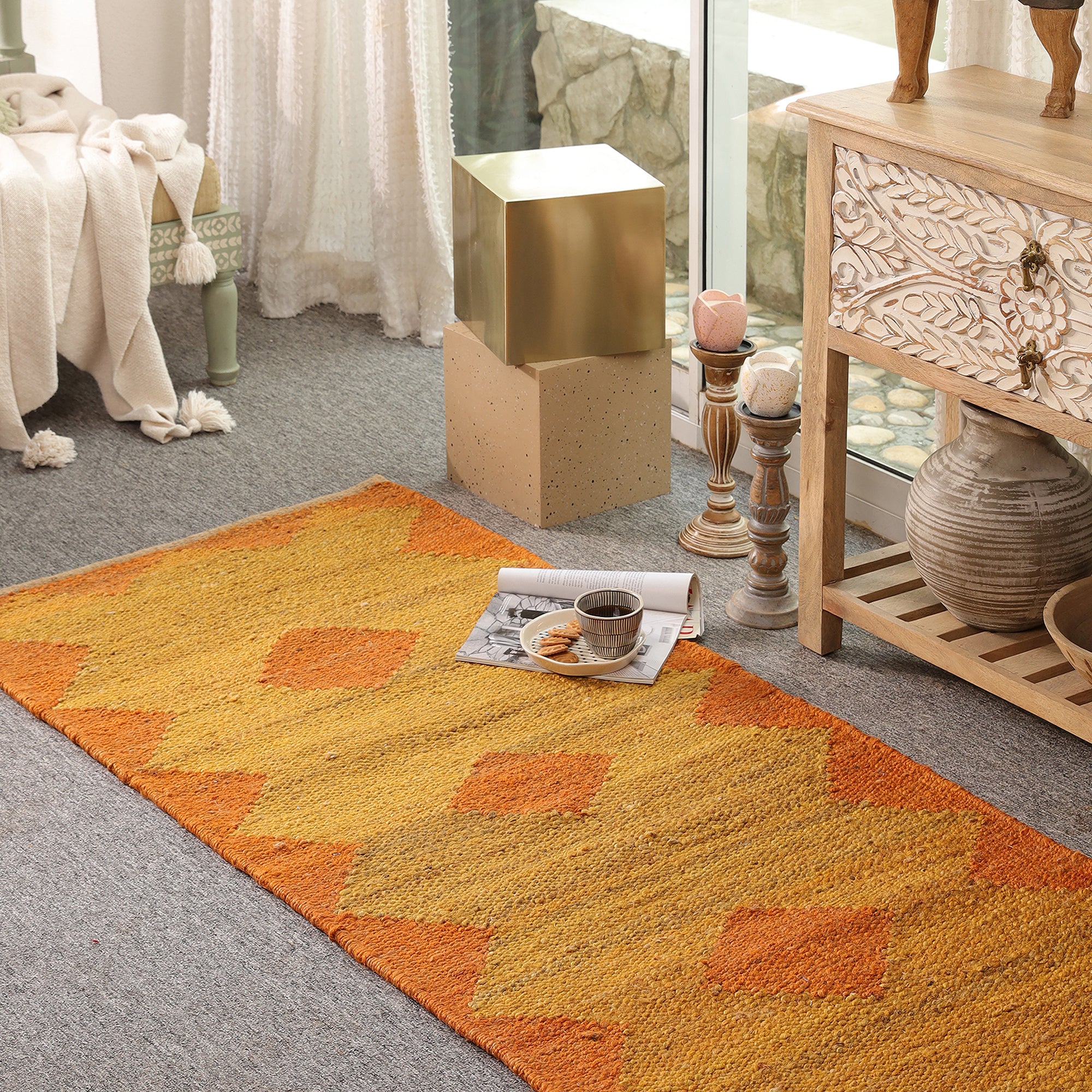 Handwoven Jute Area Rug – Mustard & Orange Geometric Pattern | Eco-Friendly Boho Living Room Carpet | RugzCraft