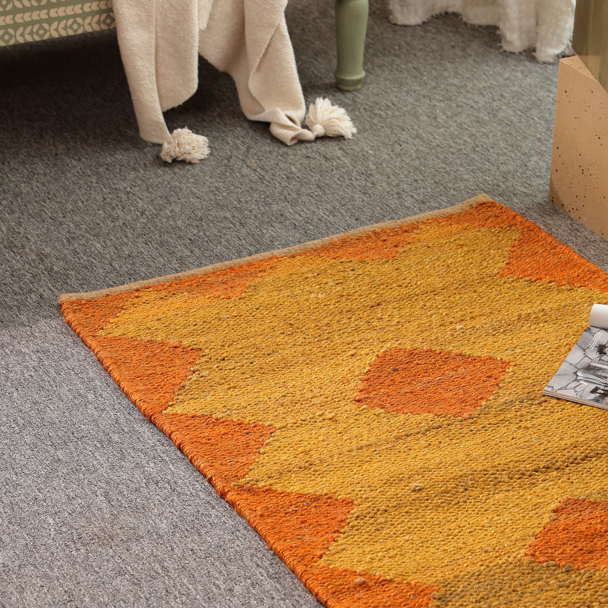 Handwoven Jute Area Rug – Mustard & Orange Geometric Pattern | Eco-Friendly Boho Living Room Carpet | RugzCraft