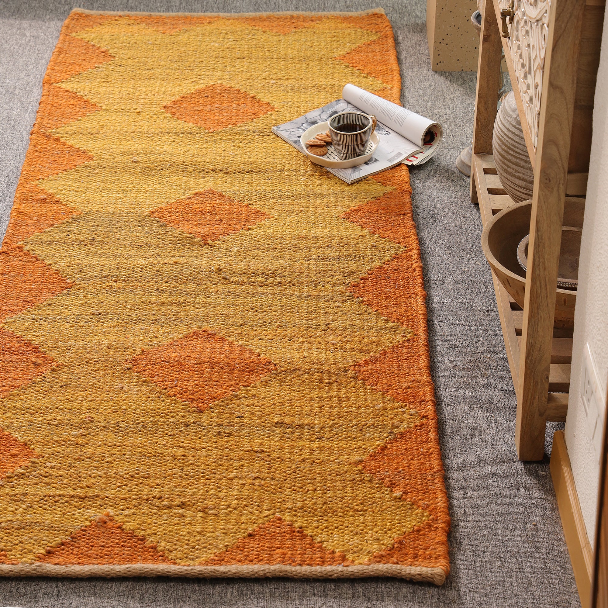 Handwoven Jute Area Rug – Mustard & Orange Geometric Pattern | Eco-Friendly Boho Living Room Carpet | RugzCraft