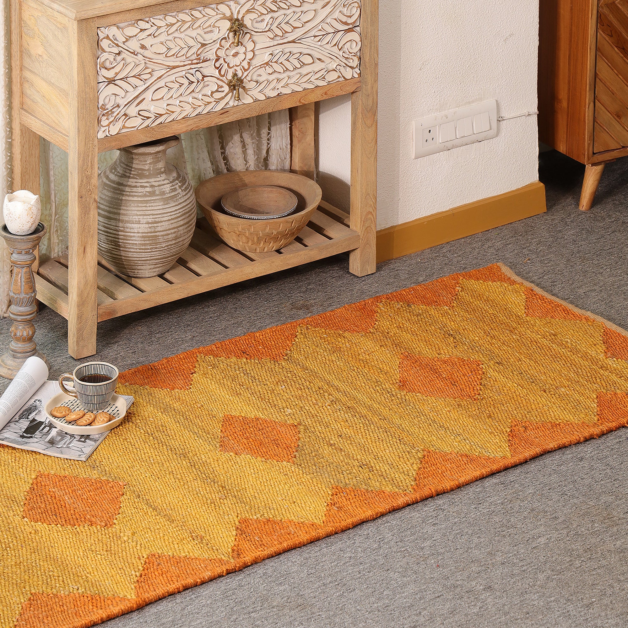 Handwoven Jute Area Rug – Mustard & Orange Geometric Pattern | Eco-Friendly Boho Living Room Carpet | RugzCraft