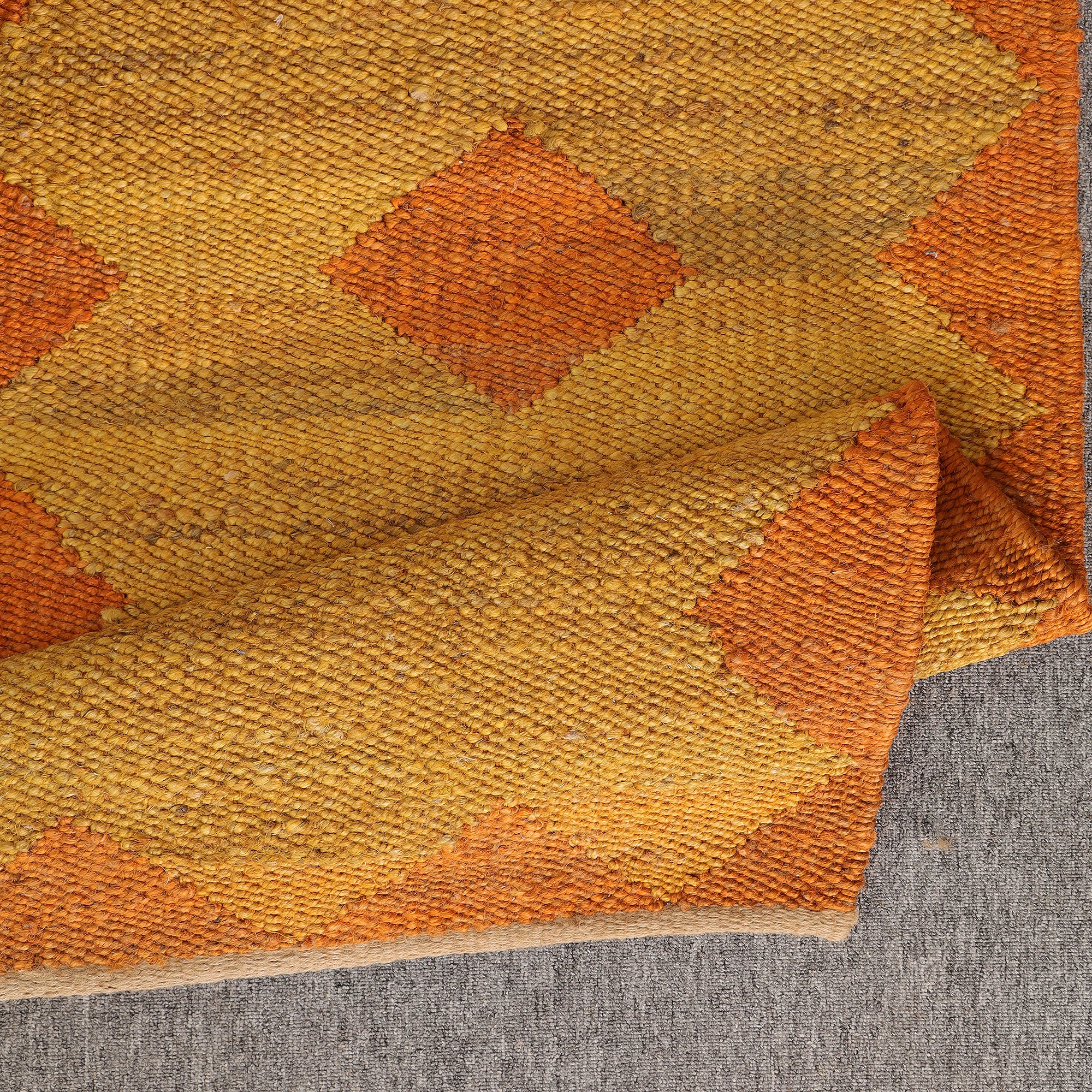 Handwoven Jute Area Rug – Mustard & Orange Geometric Pattern | Eco-Friendly Boho Living Room Carpet | RugzCraft