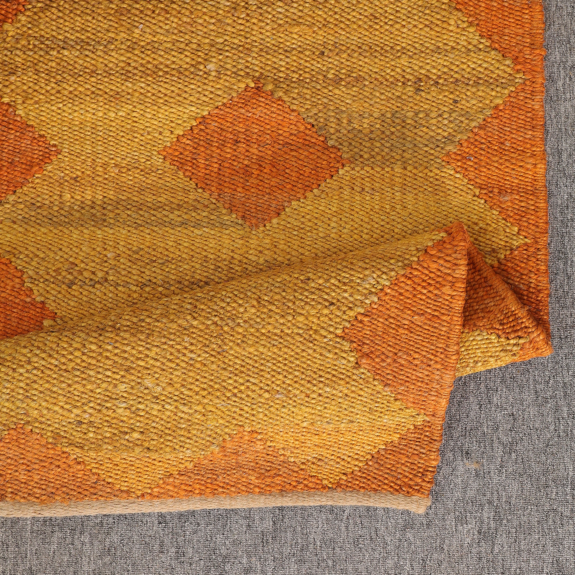Handwoven Jute Area Rug – Mustard & Orange Geometric Pattern | Eco-Friendly Boho Living Room Carpet | RugzCraft