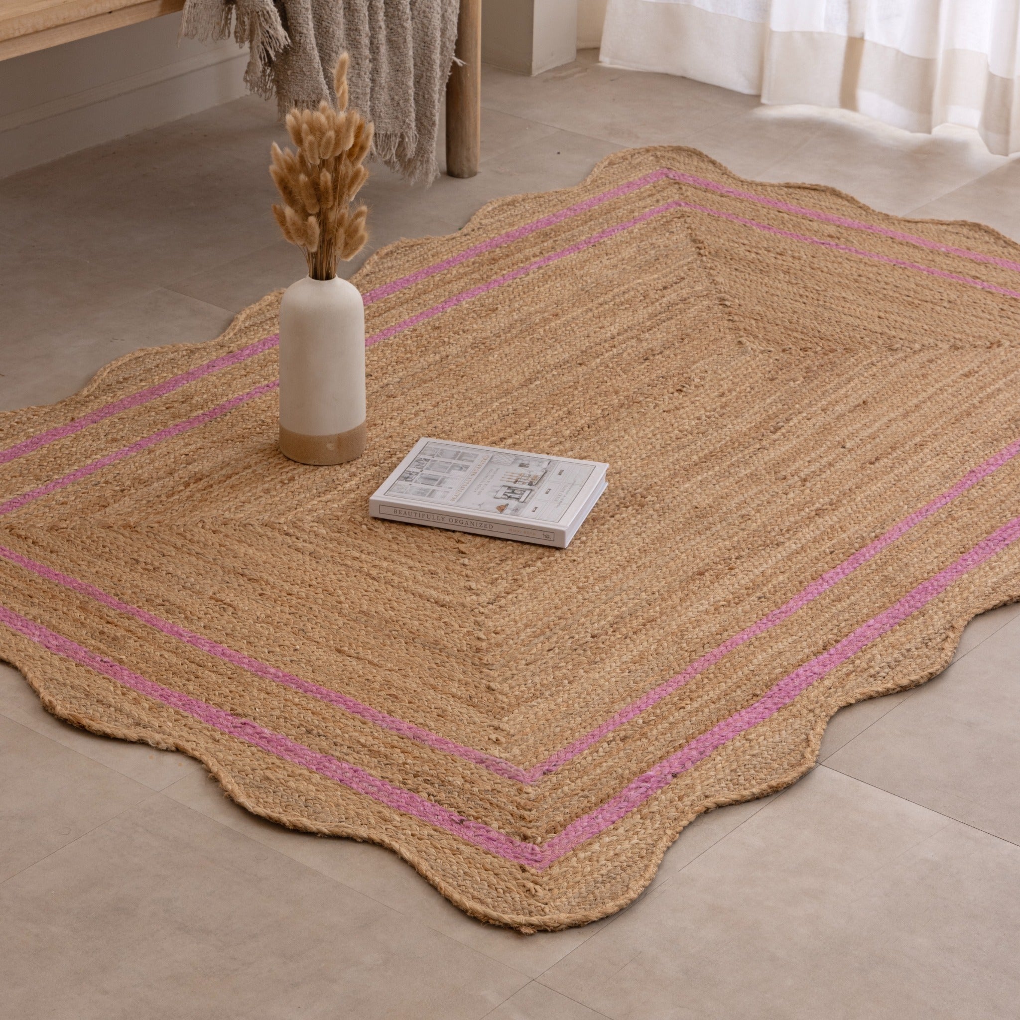 Handmade Jute Rug with Pink Border - Natural Boho Area Rug