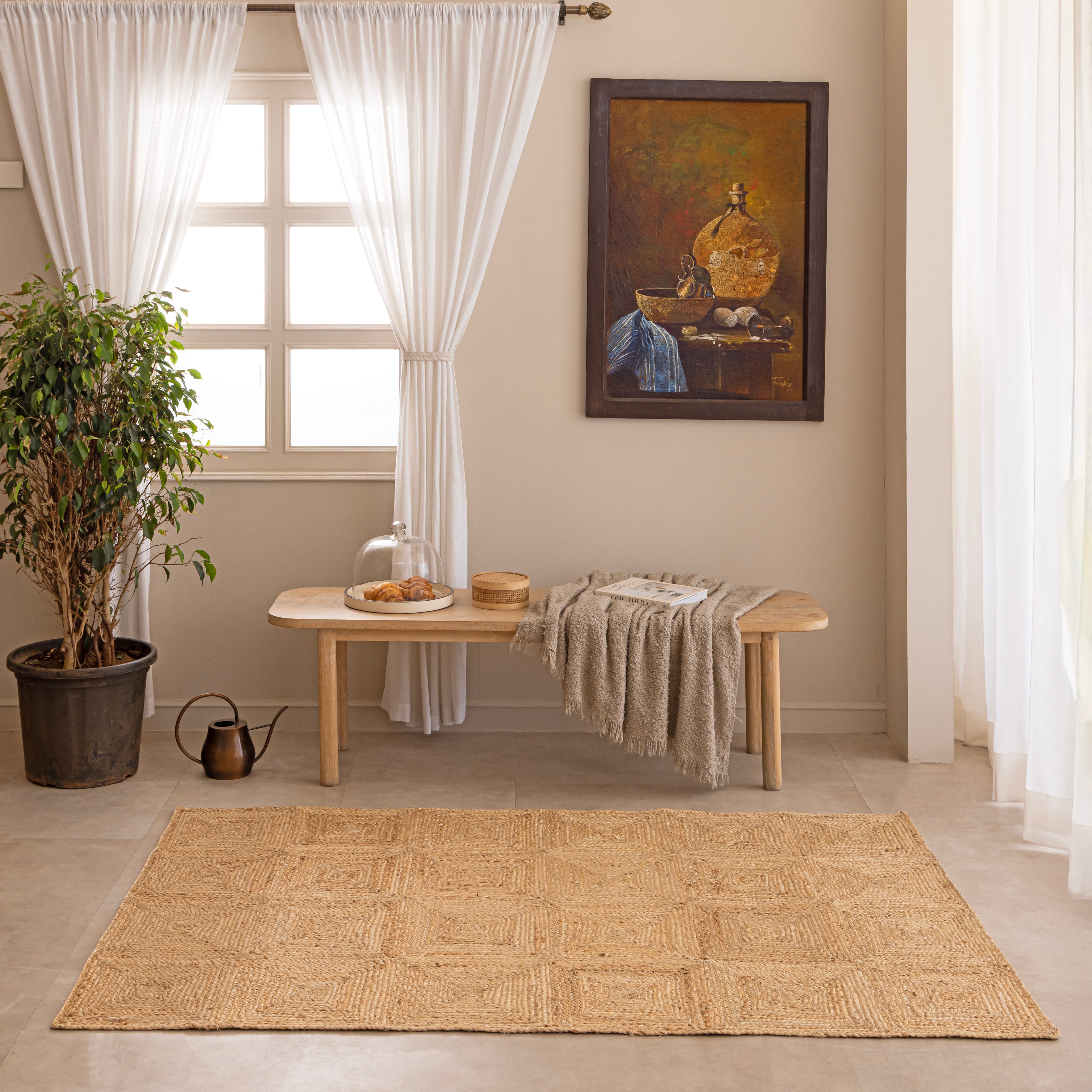 Hand-Woven Natural Jute Area Rug - Geometric Diamond Pattern Braided Floor Mat