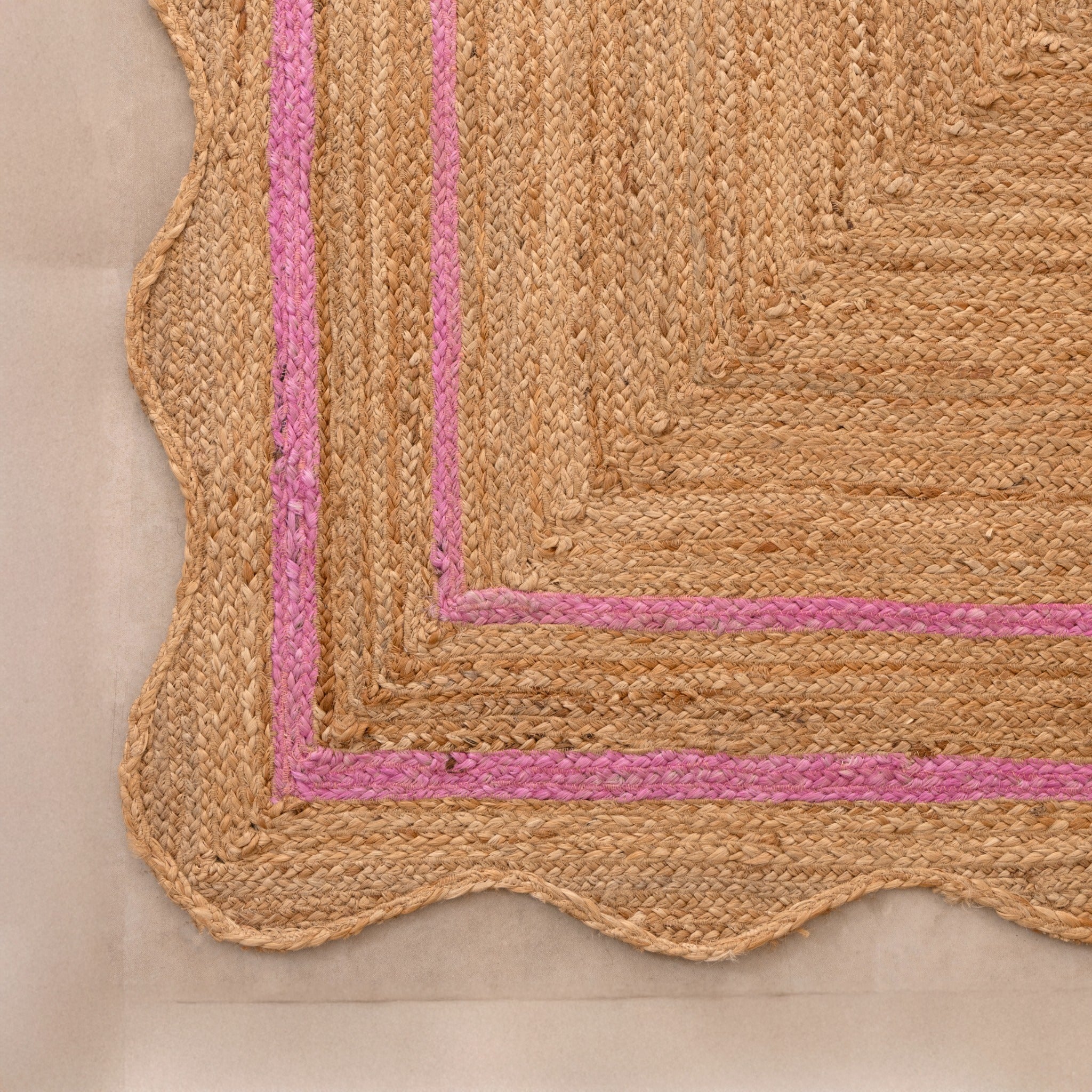 Handmade Jute Rug with Pink Border - Natural Boho Area Rug