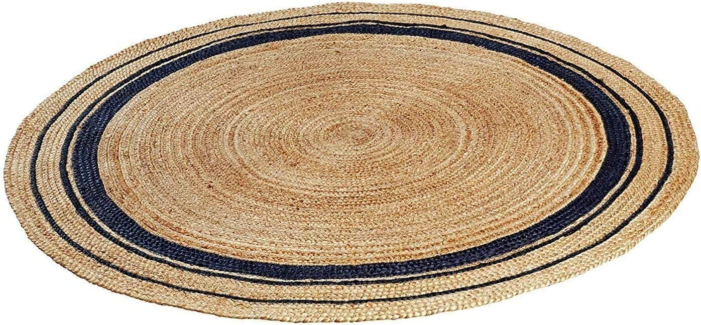 Navy Blue Jute Round Rug Natural Area Rug Boho Farmhouse Living Room Rug