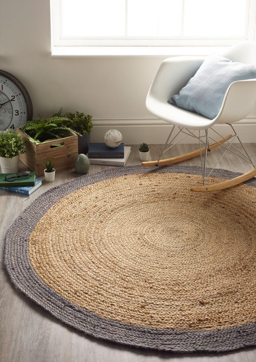Handmade Round Jute Rug with Grey Border Natural Braided Area for Living Room