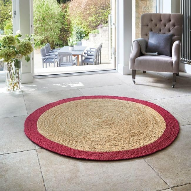 Red Jute Round Rug Natural Braided Area Rug Red Border Boho Rug Farmhouse Living Room Rug, Handmade Woven Rug
