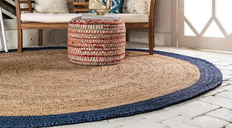 Handmade Natural Jute Round Rug with Navy Blue Border Braided Boho Area Rug