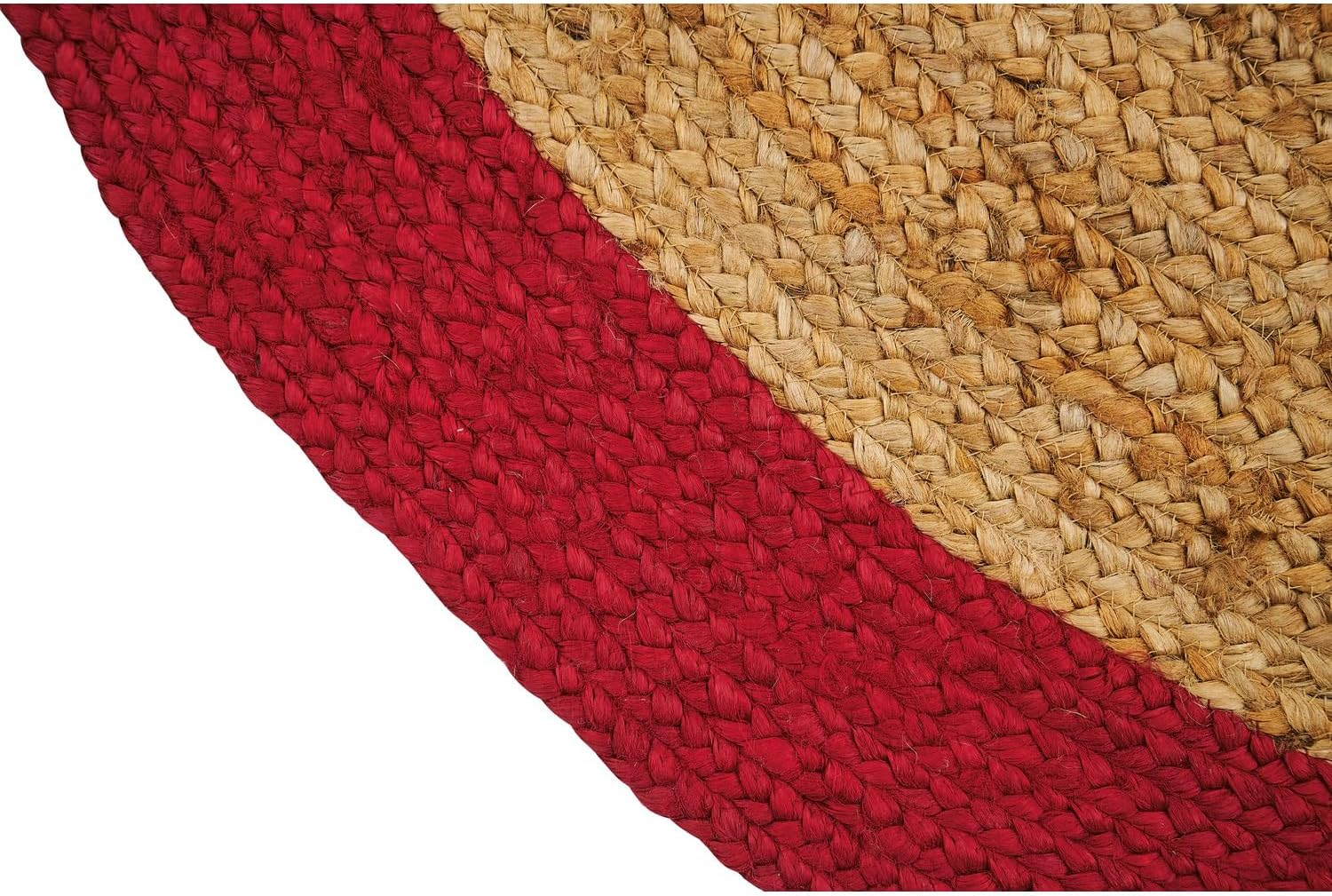 Red Jute Round Rug Natural Braided Area Rug Red Border Boho Rug Farmhouse Living Room Rug, Handmade Woven Rug