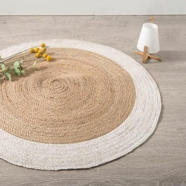 Round Jute Area Rug - Natural Beige Braided Boho Rug for Living Room