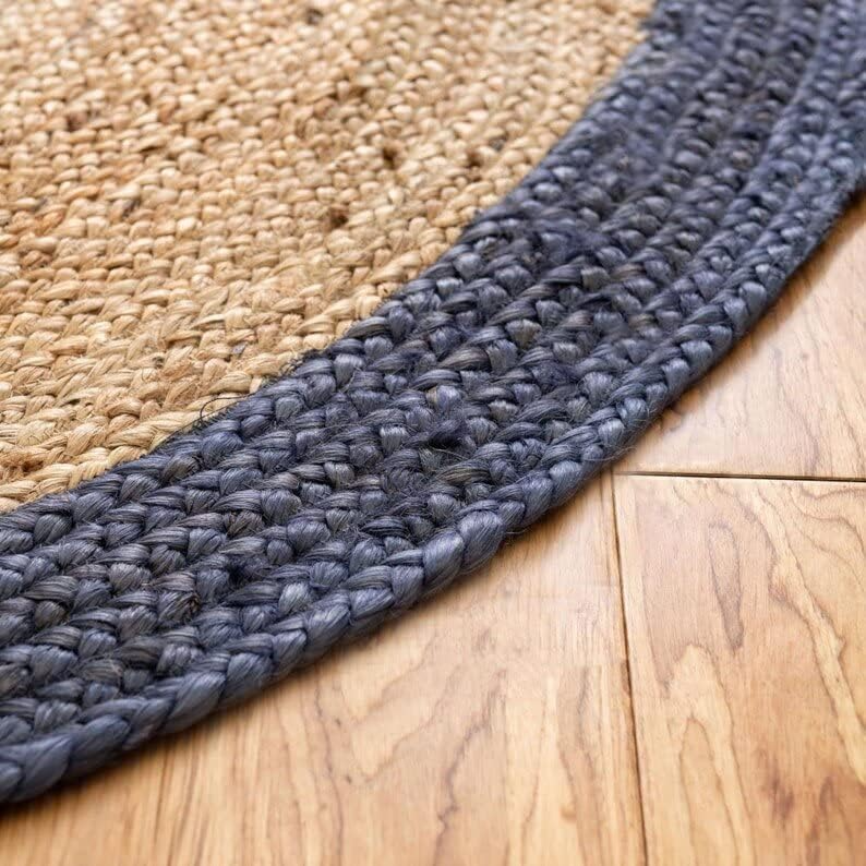 Handmade Natural Jute Round Rug with Navy Blue Border Braided Boho Area Rug