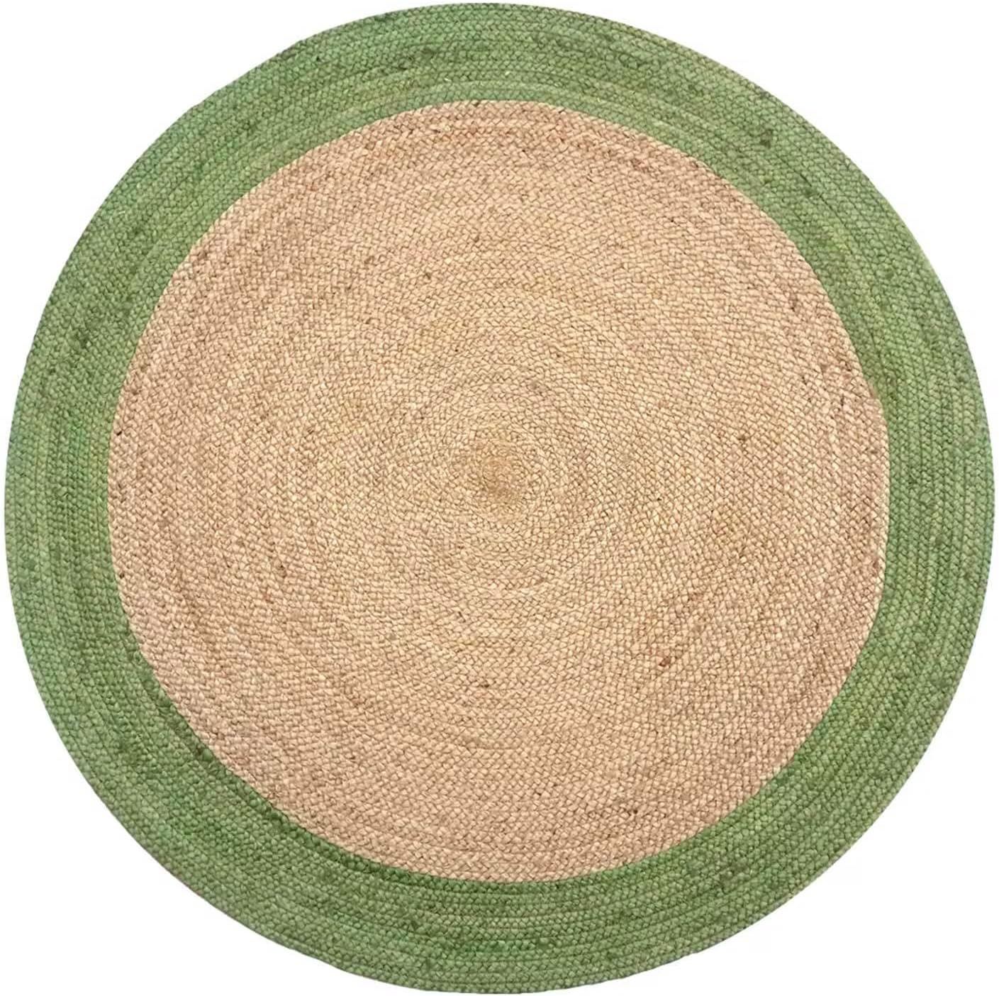Round Green & Natural Jute Rug - Handwoven Oval Area Rug Boho Farmhouse Living