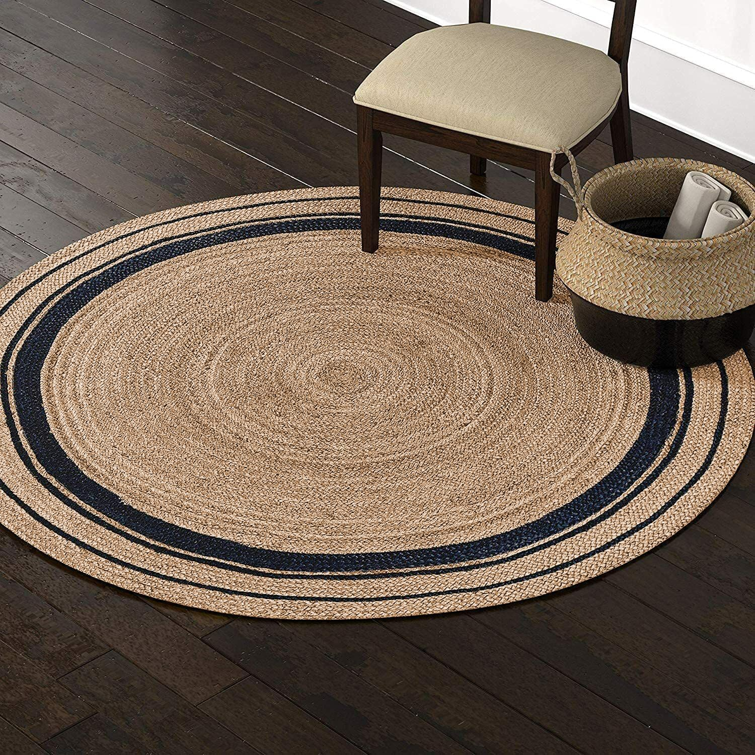 Black Jute  Rug Natural Braided Area Rug Black and Tan Boho Rug Farmhouse Living Room Rug