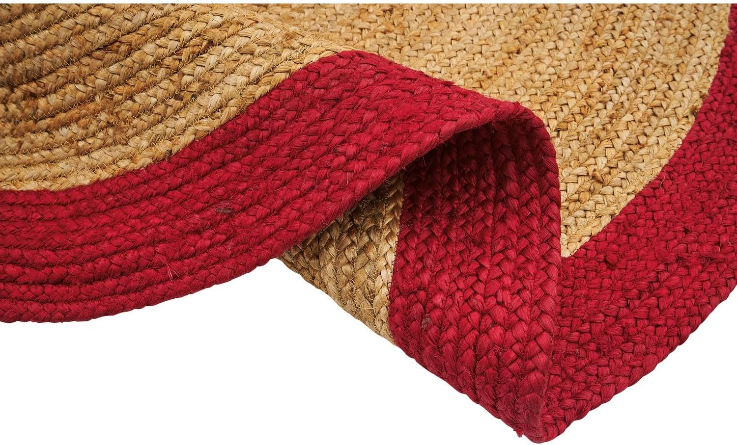 Red Jute Round Rug Natural Braided Area Rug Red Border Boho Rug Farmhouse Living Room Rug, Handmade Woven Rug