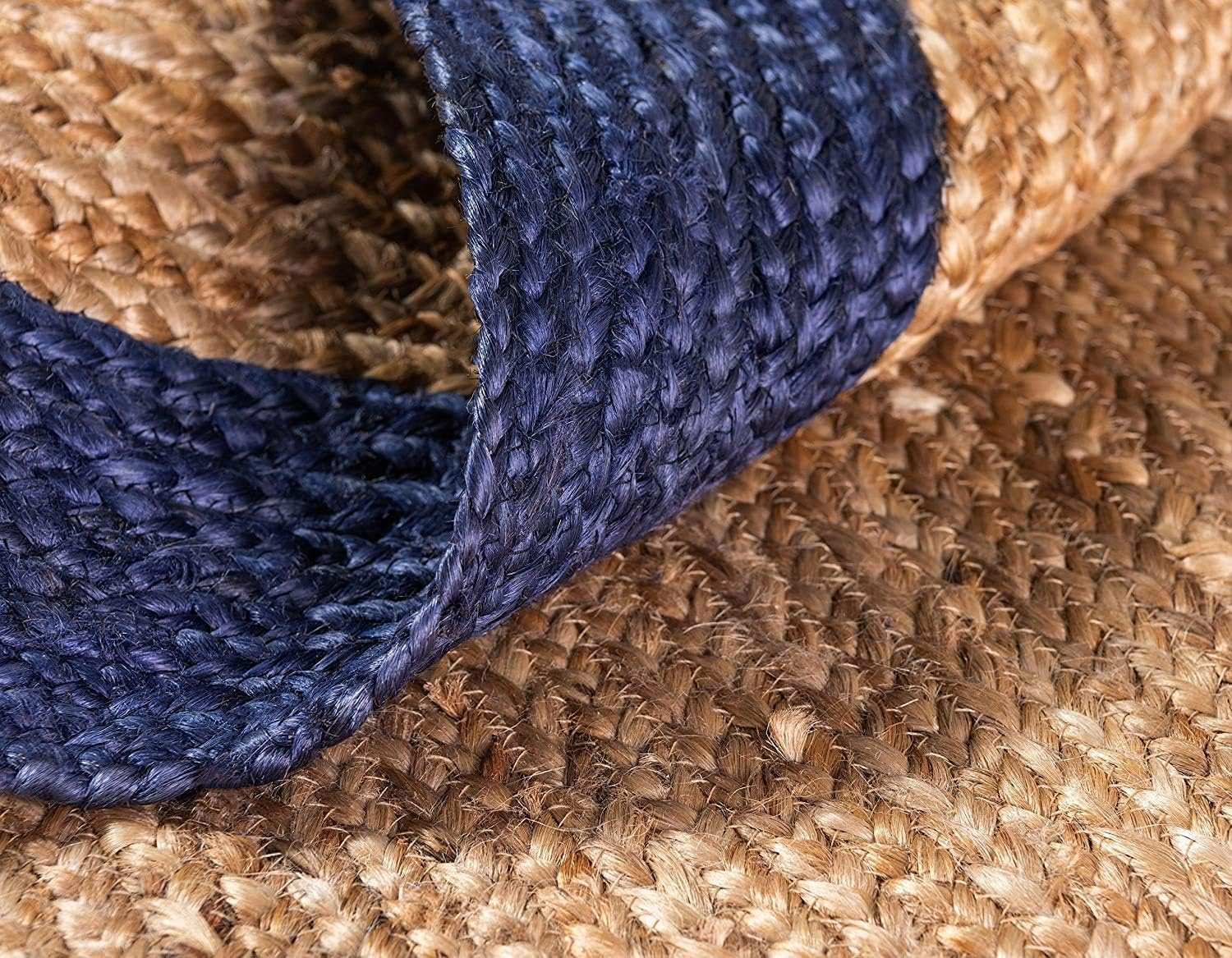 Handmade Natural Jute Round Rug with Navy Blue Border Braided Boho Area Rug