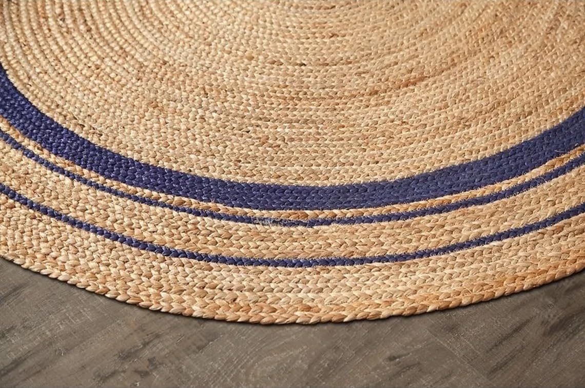 Navy Blue Jute Round Rug Natural Area Rug Boho Farmhouse Living Room Rug