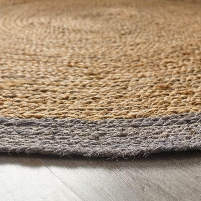 Handmade Round Jute Rug with Grey Border Natural Braided Area for Living Room