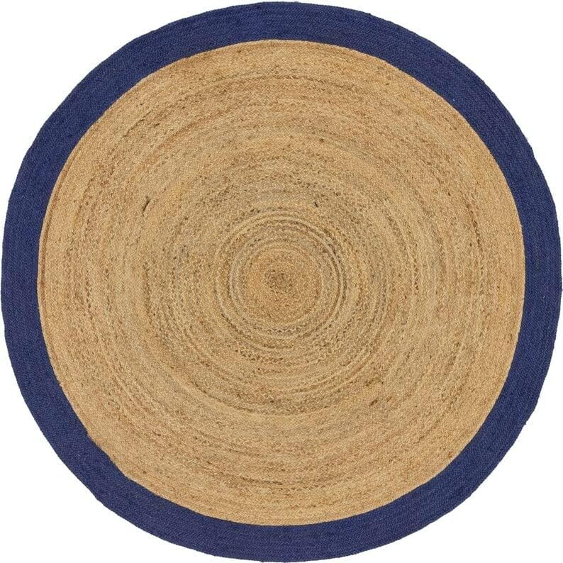 Handmade Natural Jute Round Rug with Navy Blue Border Braided Boho Area Rug
