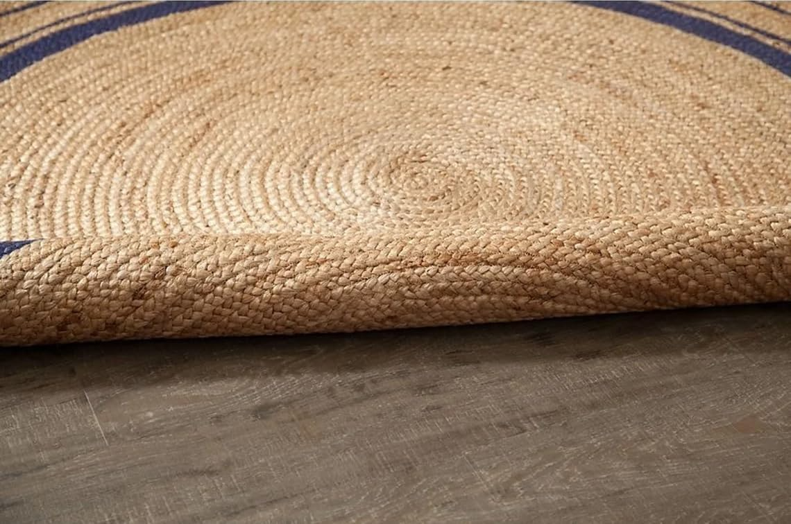 Navy Blue Jute Round Rug Natural Area Rug Boho Farmhouse Living Room Rug