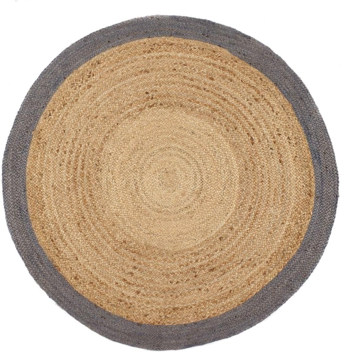 Handmade Round Jute Rug with Grey Border Natural Braided Area for Living Room