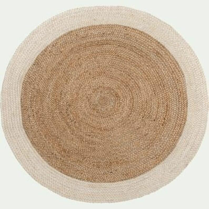 Round Jute Area Rug - Natural Beige Braided Boho Rug for Living Room