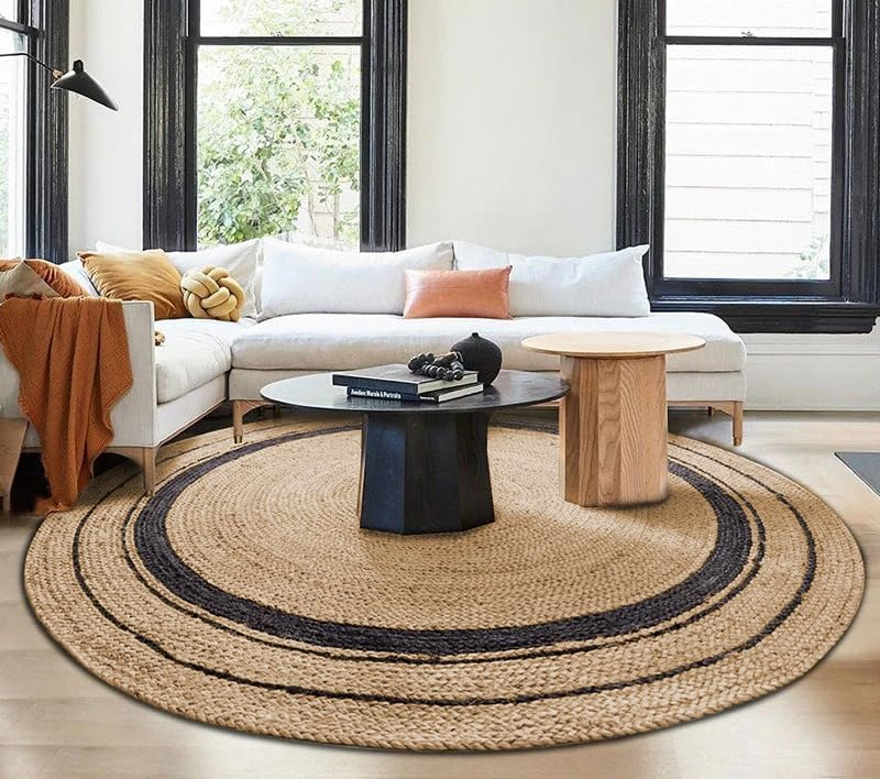 Black Jute  Rug Natural Braided Area Rug Black and Tan Boho Rug Farmhouse Living Room Rug