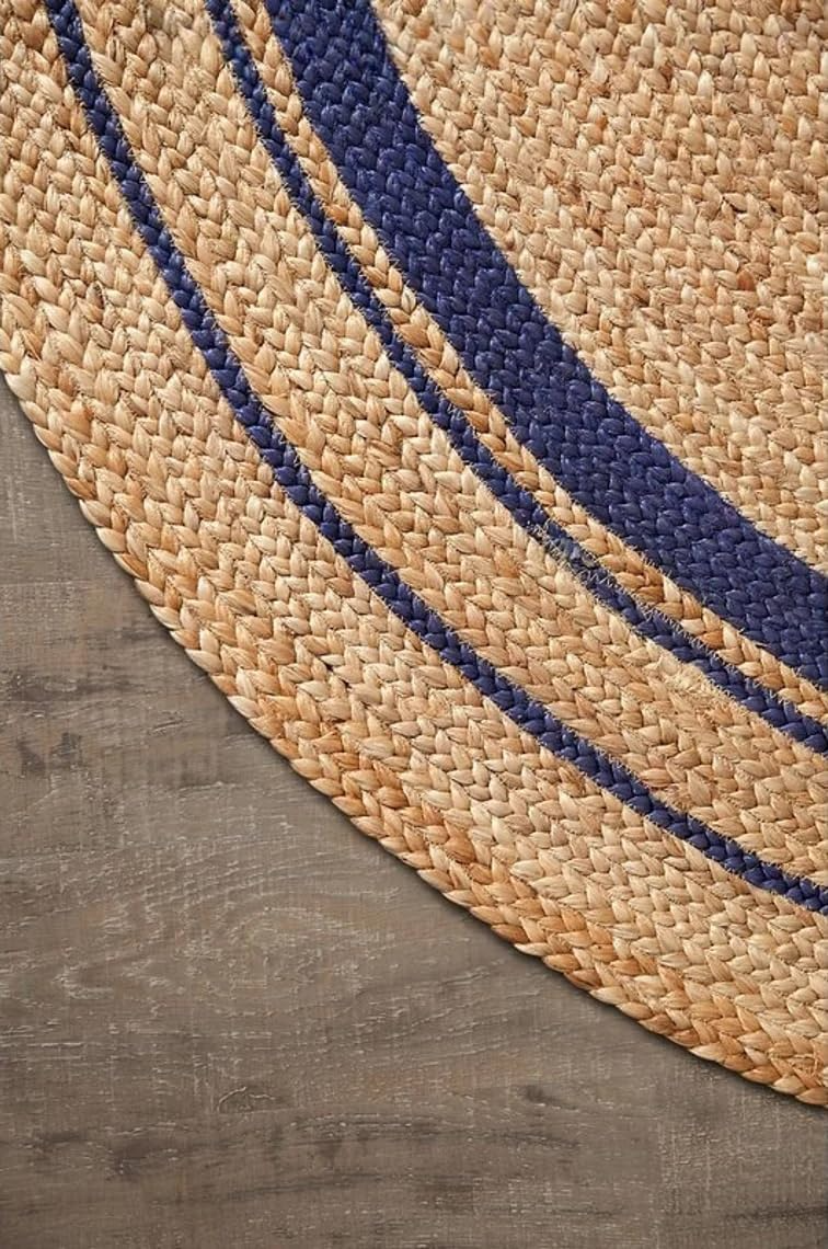Navy Blue Jute Round Rug Natural Area Rug Boho Farmhouse Living Room Rug