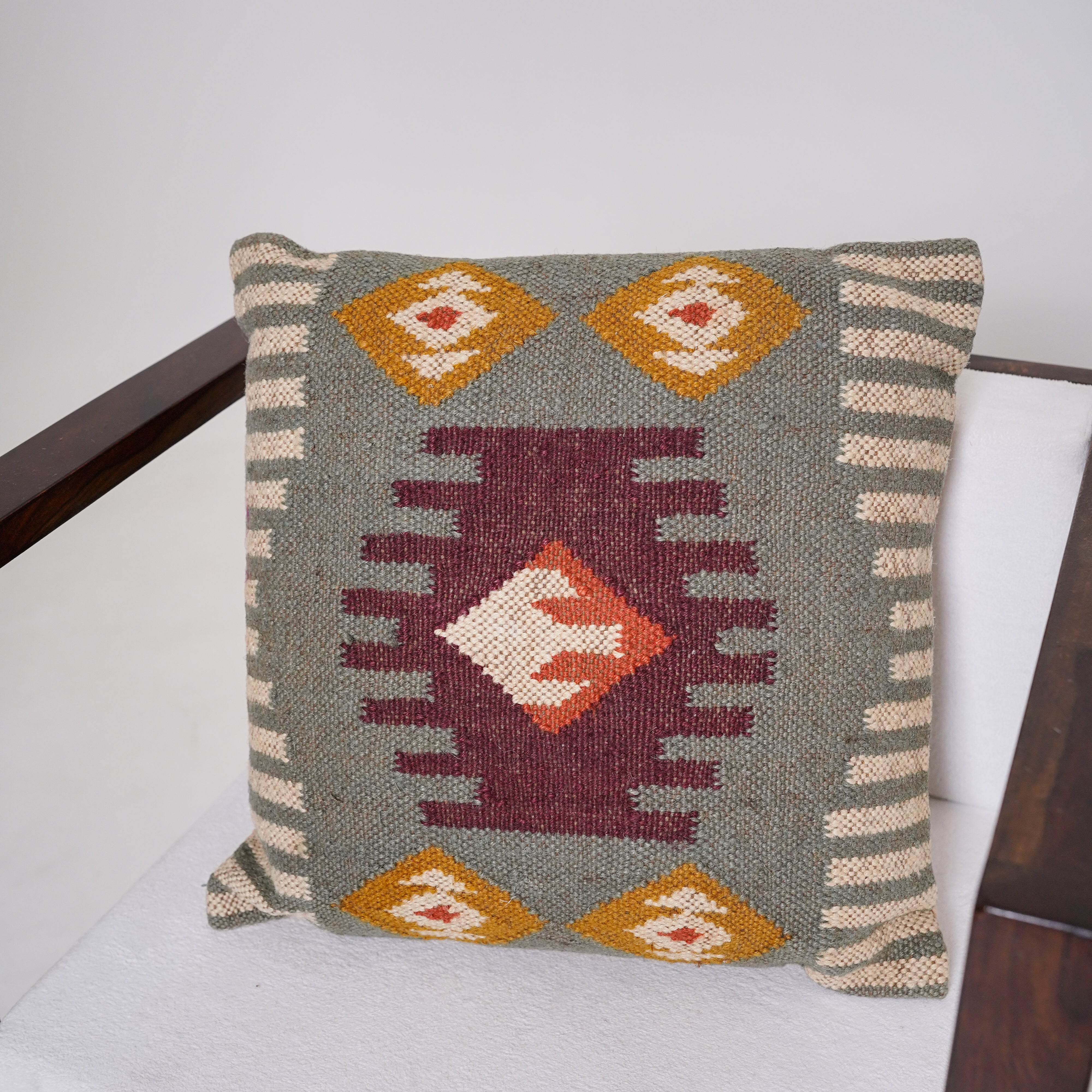 Handwoven Kilim Cushion Cover Sage Green & Burgundy Tribal Cotton Throw Pillow